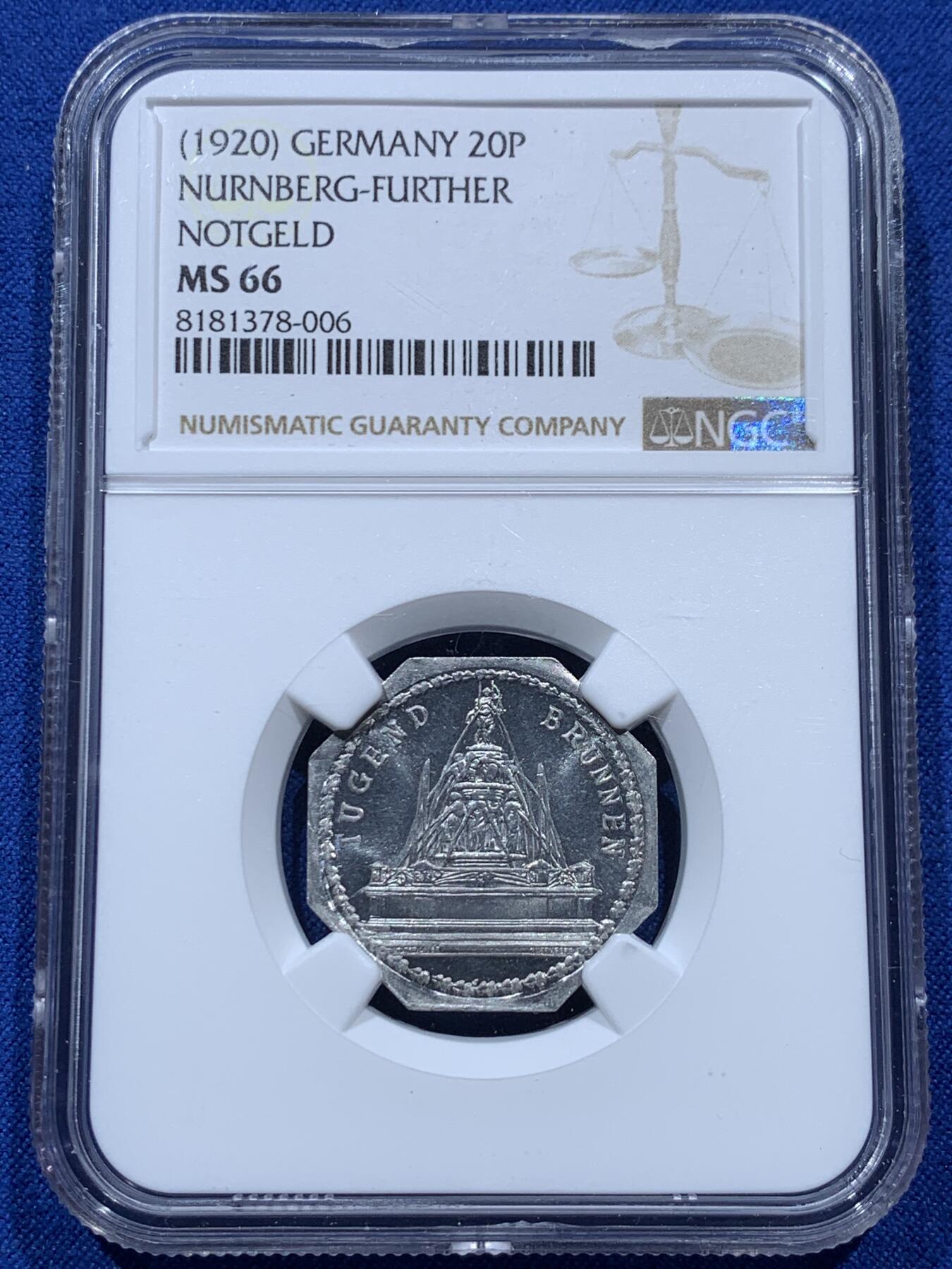 《竞宝斋》第347场 周日，周一，周二  3场连拍 （全场包邮） NGC MS66 德国1920年电车八角代用铝币
