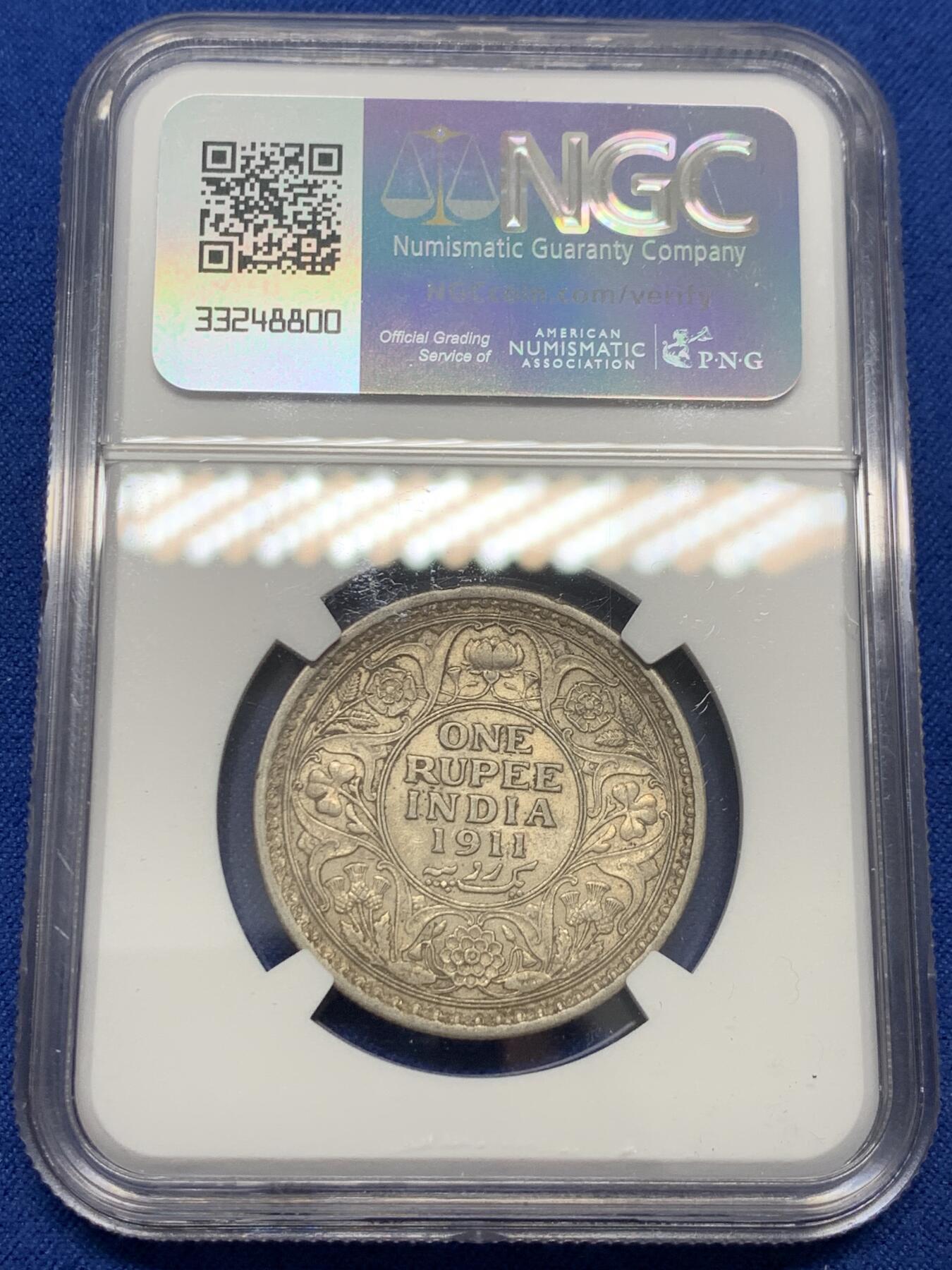 《竞宝斋》第347场 周日，周一，周二  3场连拍 （全场包邮） NGC AU53 猪卢比银币 英属印度1911年C版乔治五世1卢比银币