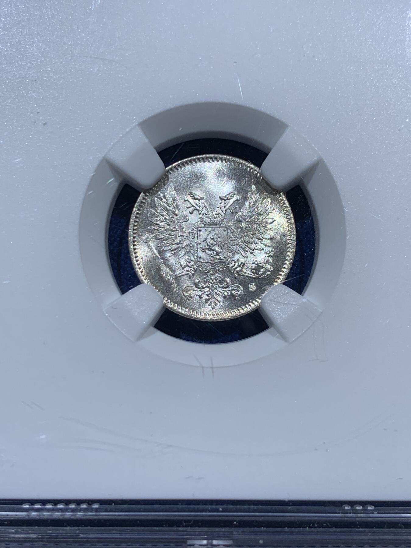 《竞宝斋》第347场 周日，周一，周二  3场连拍 （全场包邮） 两枚一组 NGC MS66 芬兰1917年S版50芬尼，25芬尼小银毫，银辉熠熠，鹰徽细节漂亮，高分，收藏品