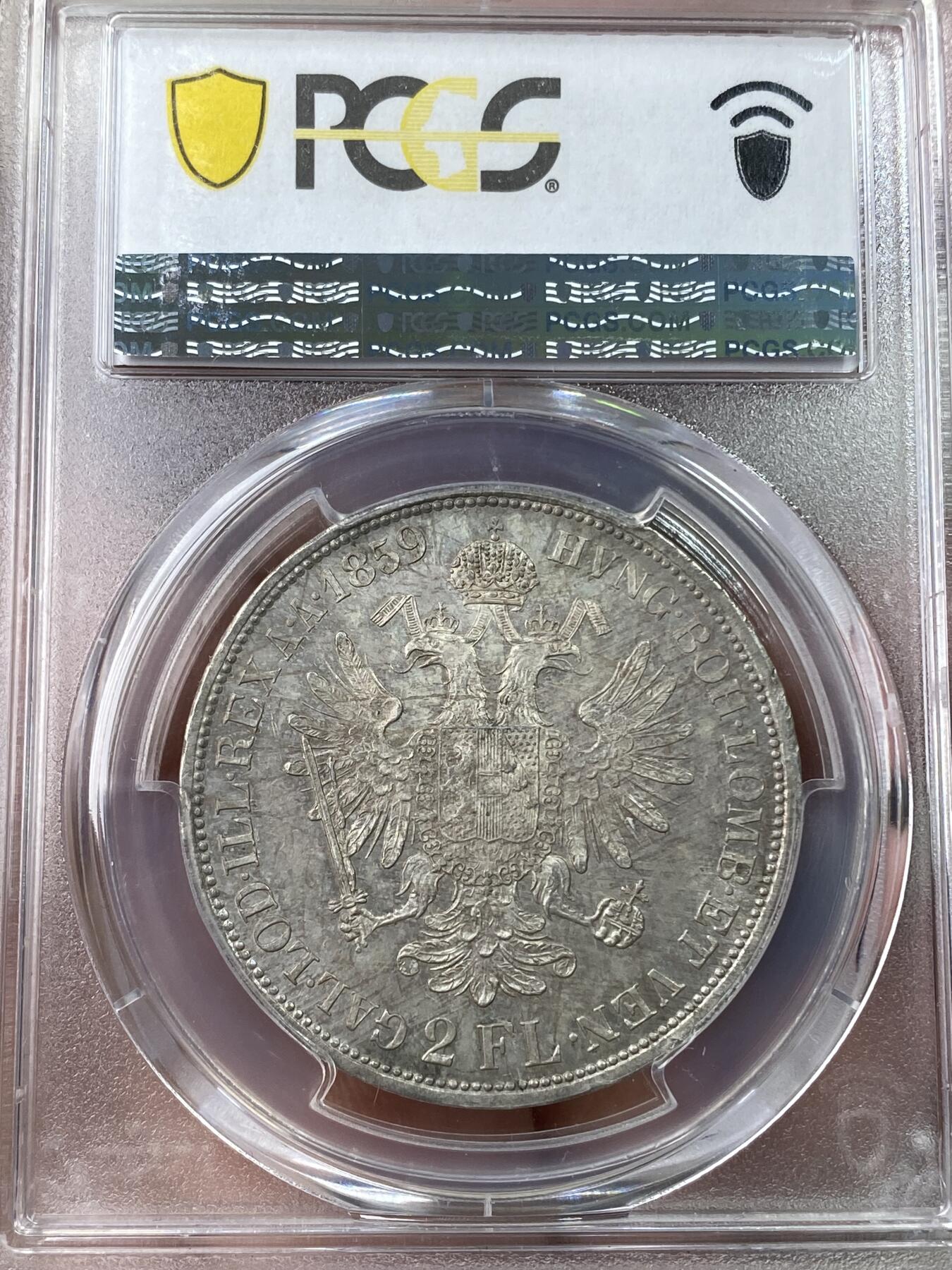 万国钱币拍卖第041期 PCGS MS64 1859奥地利弗朗茨约瑟夫2福林大银 早期年轻版头像 流通异常充分的品种 好品极难 原味淡彩 PC唯一冠军分