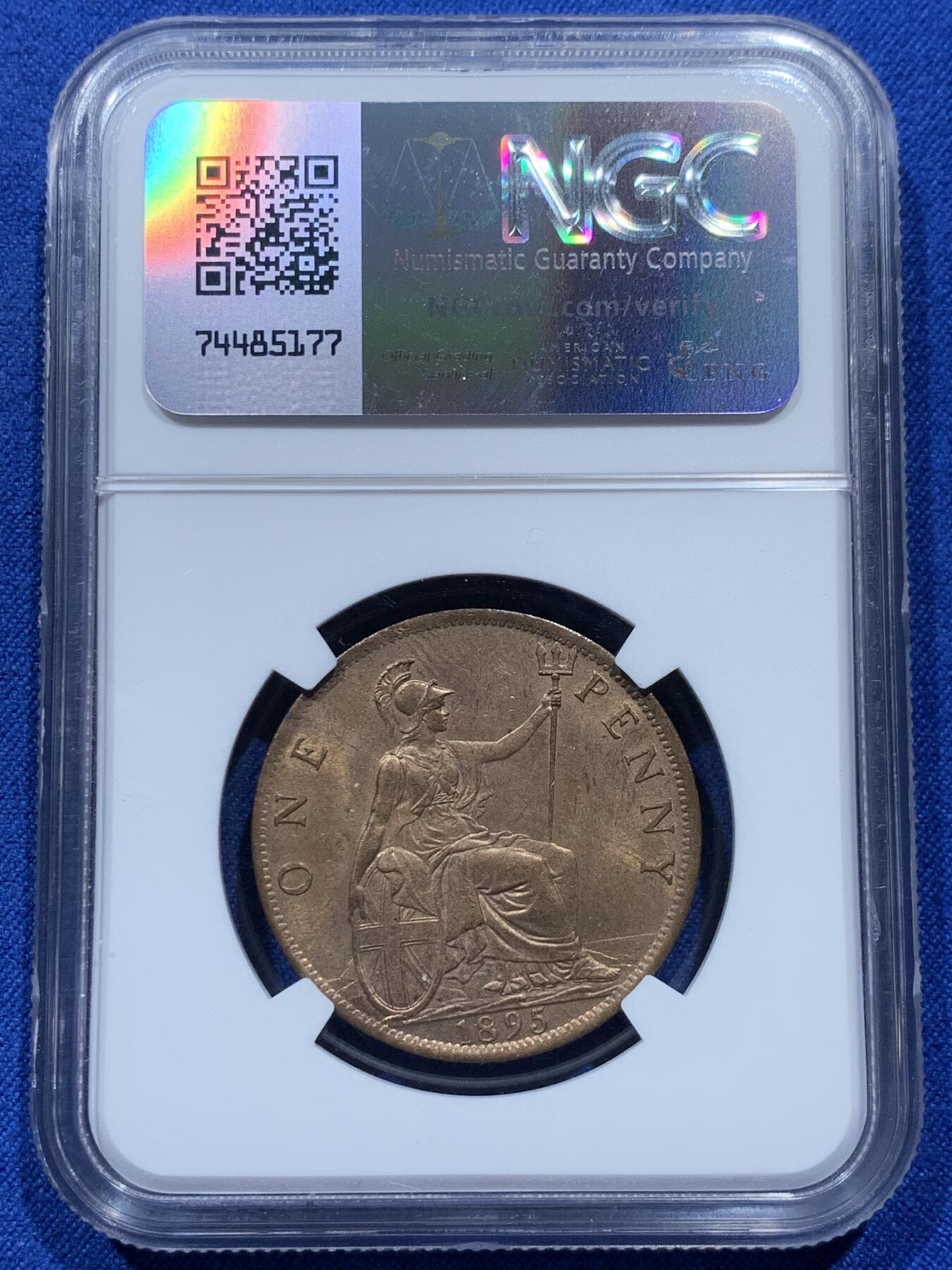 《竞宝斋》第347场 周日，周一，周二  3场连拍 （全场包邮） NGC MS63RB 英国 1895年 维多利亚女王1便士铜币，红棕色对于1895来说并非寻常可见，加之维多利亚最后一版便士以1900-1901居多，1895年好品质的非常贵的。