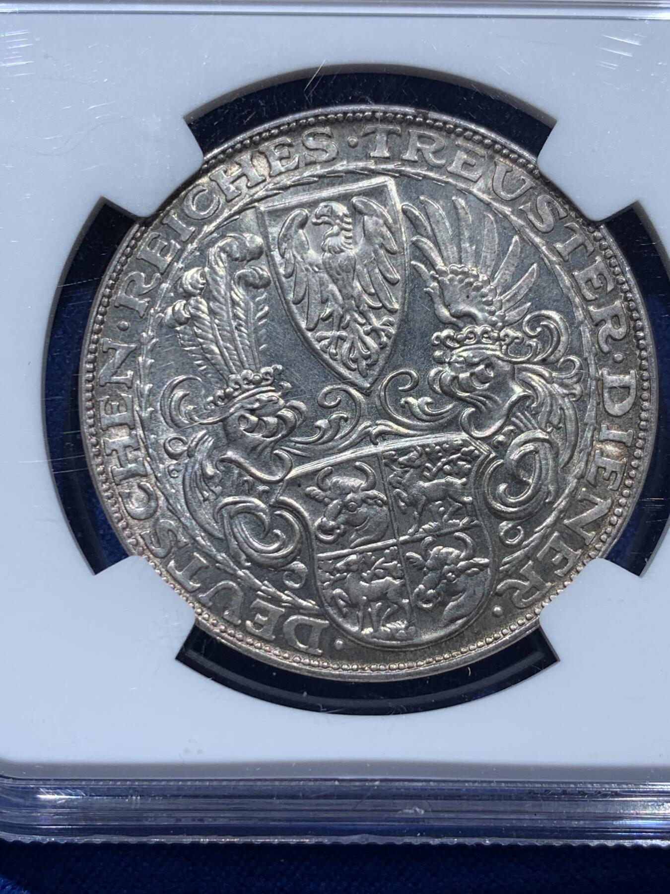 《竞宝斋》第347场 周日，周一，周二  3场连拍 （全场包邮） NGC MS62 德国1927年兴登堡80大寿5马克纪念币型银章