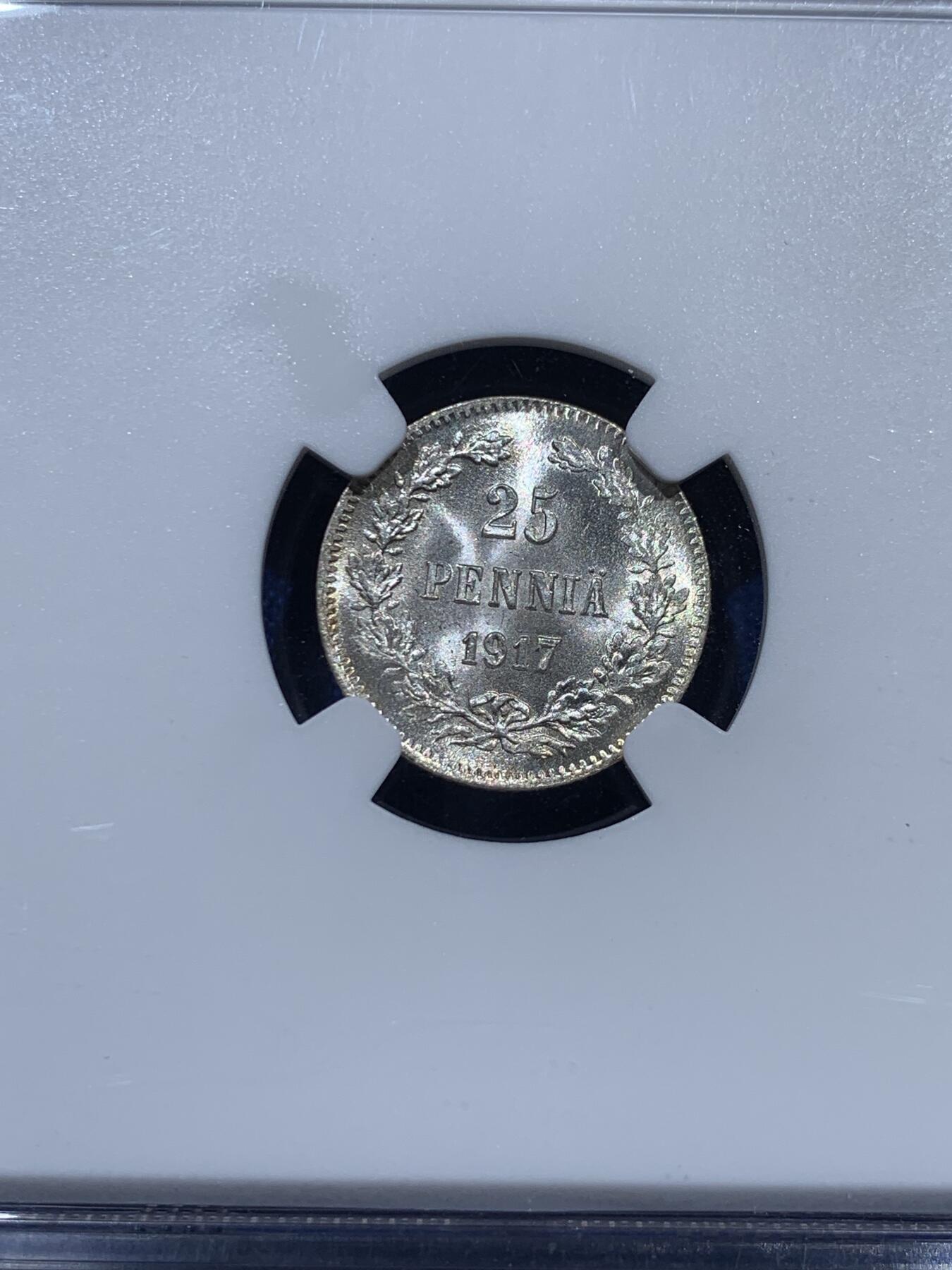 《竞宝斋》第347场 周日，周一，周二  3场连拍 （全场包邮） 两枚一组 NGC MS66 芬兰1917年S版50芬尼，25芬尼小银毫，银辉熠熠，鹰徽细节漂亮，高分，收藏品