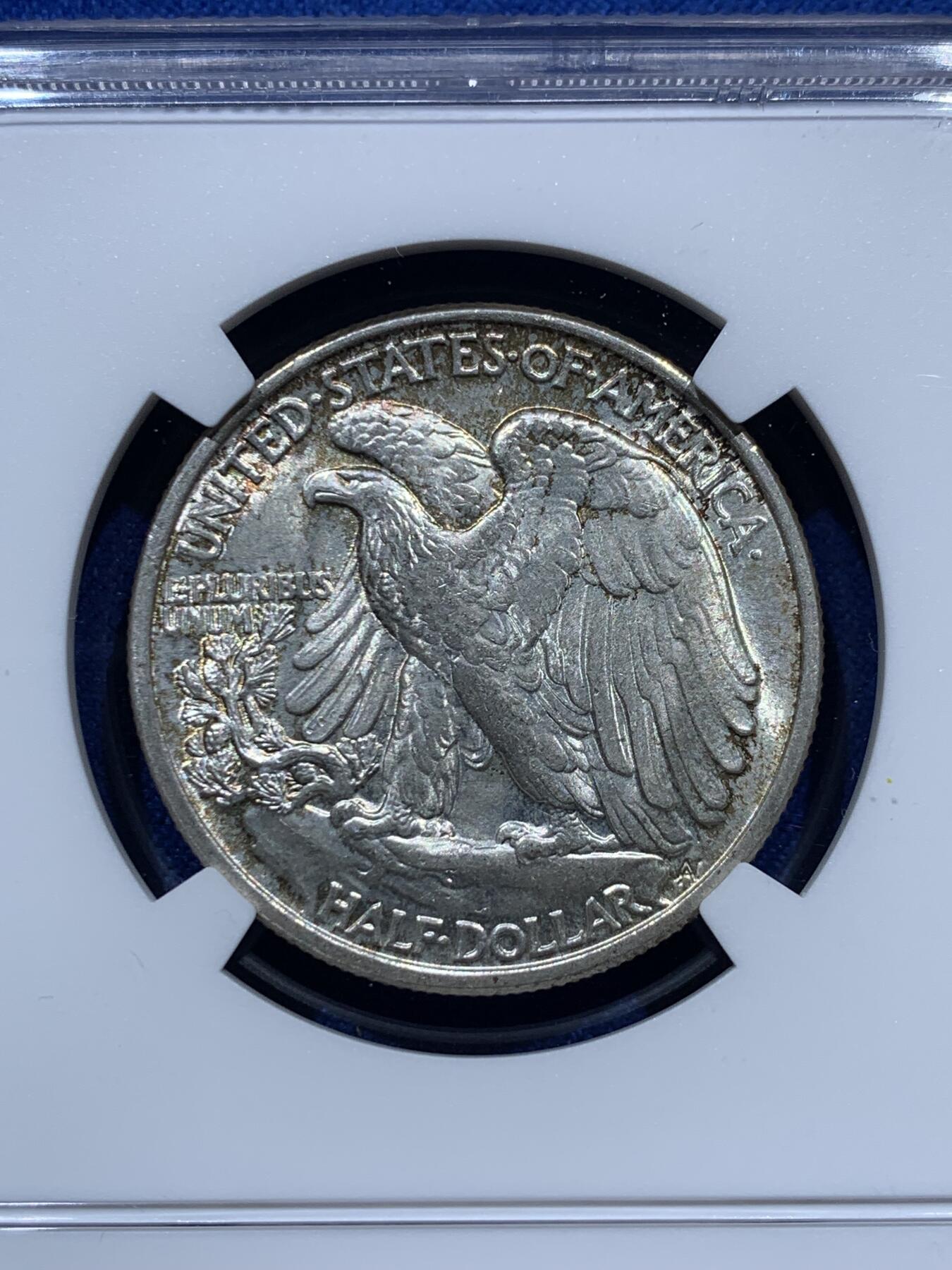 《竞宝斋》第347场 周日，周一，周二  3场连拍 （全场包邮） NGC MS65 美国1942年50分 ，行走女神银币，双面淡彩包浆，十分漂亮。高分原卷状态，适合自藏的一颗。