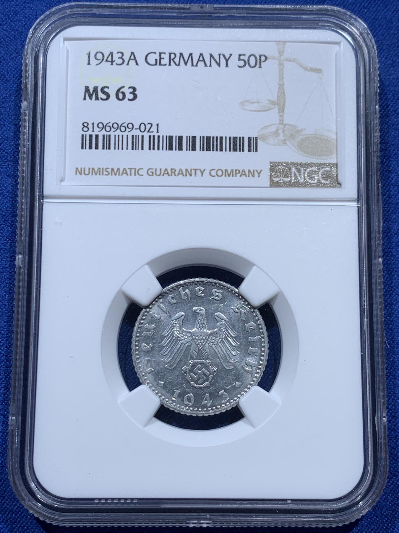 《竞宝斋》第347场 周日，周一，周二  3场连拍 （全场包邮） NGC MS63 德三1943年50芬尼铝币，存世量很少，好品难得，值得收藏