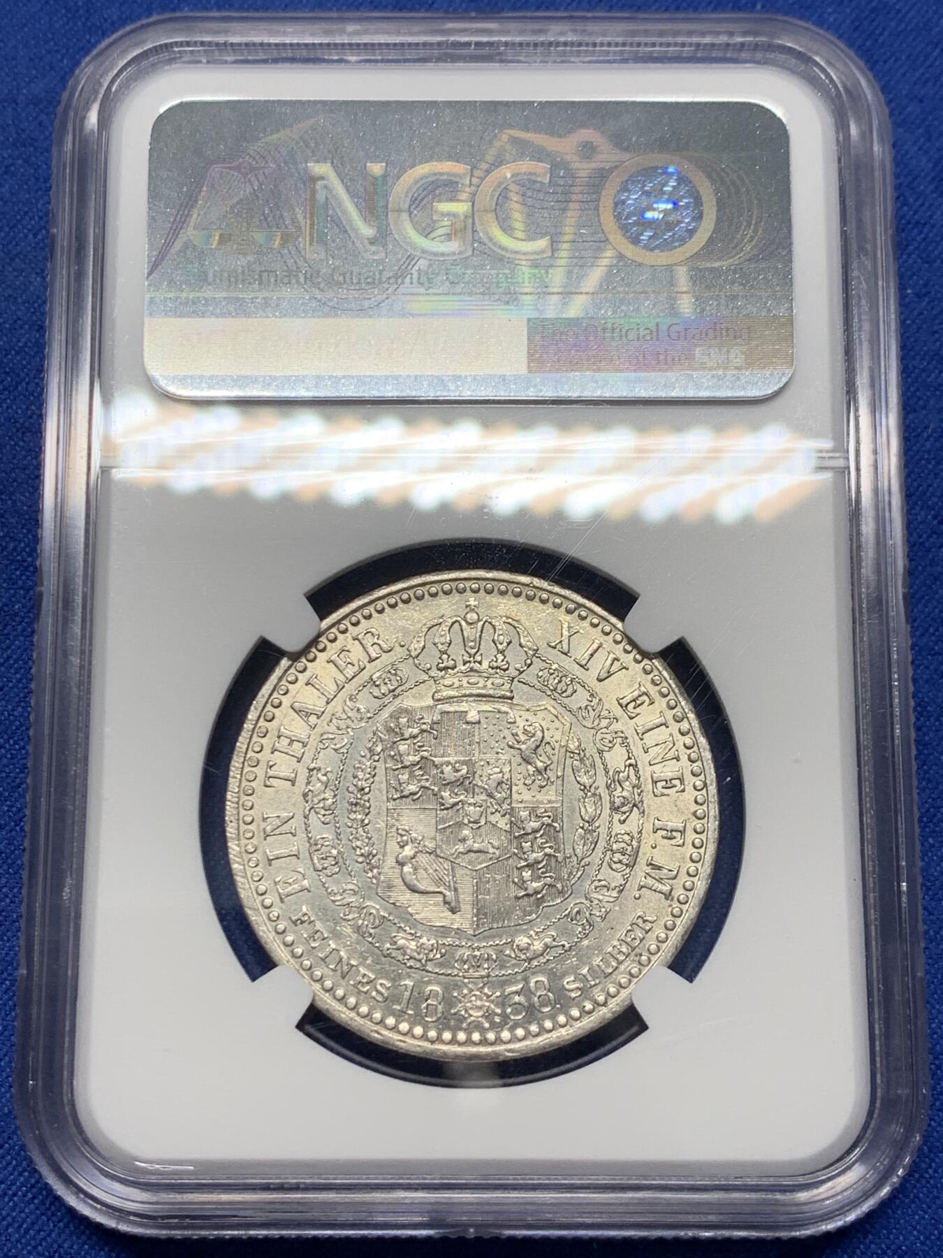 《竞宝斋》第347场 周日，周一，周二  3场连拍 （全场包邮） NGC AUD 1838年德国汉诺威一年版 小头1泰勒，16.82g 0.993银 稀少品种