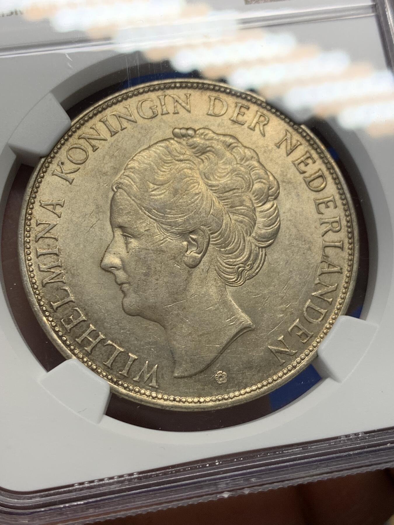 《竞宝斋》第347场 周日，周一，周二  3场连拍 （全场包邮） NGC AU58 荷兰1937年威廉敏娜女王2.5G银币