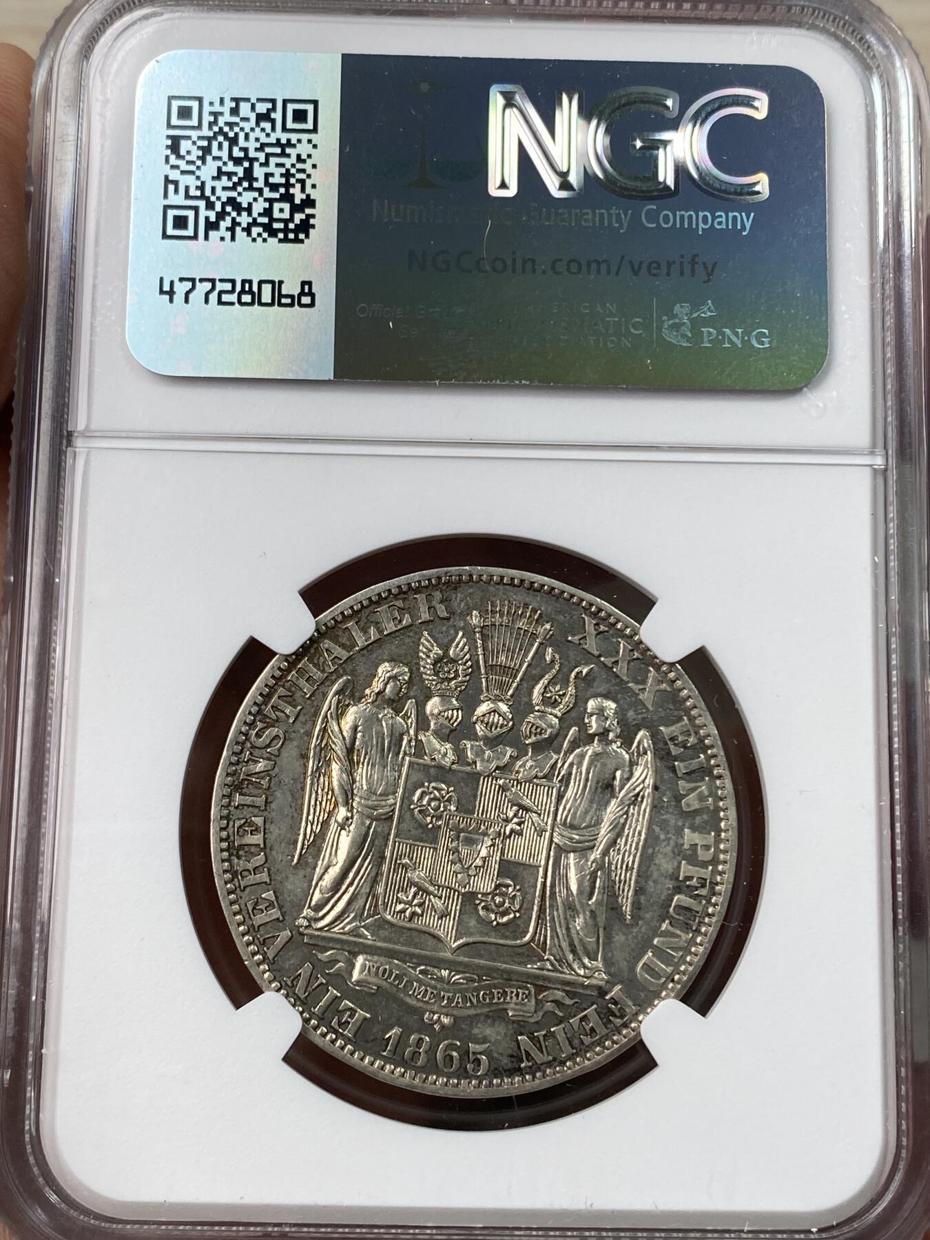 万国钱币拍卖第041期 NGC UNCD 1865年德国绍姆堡-利普双天使盾徽泰勒 整体状态与高点非常赞 清洗痕迹并不明显 