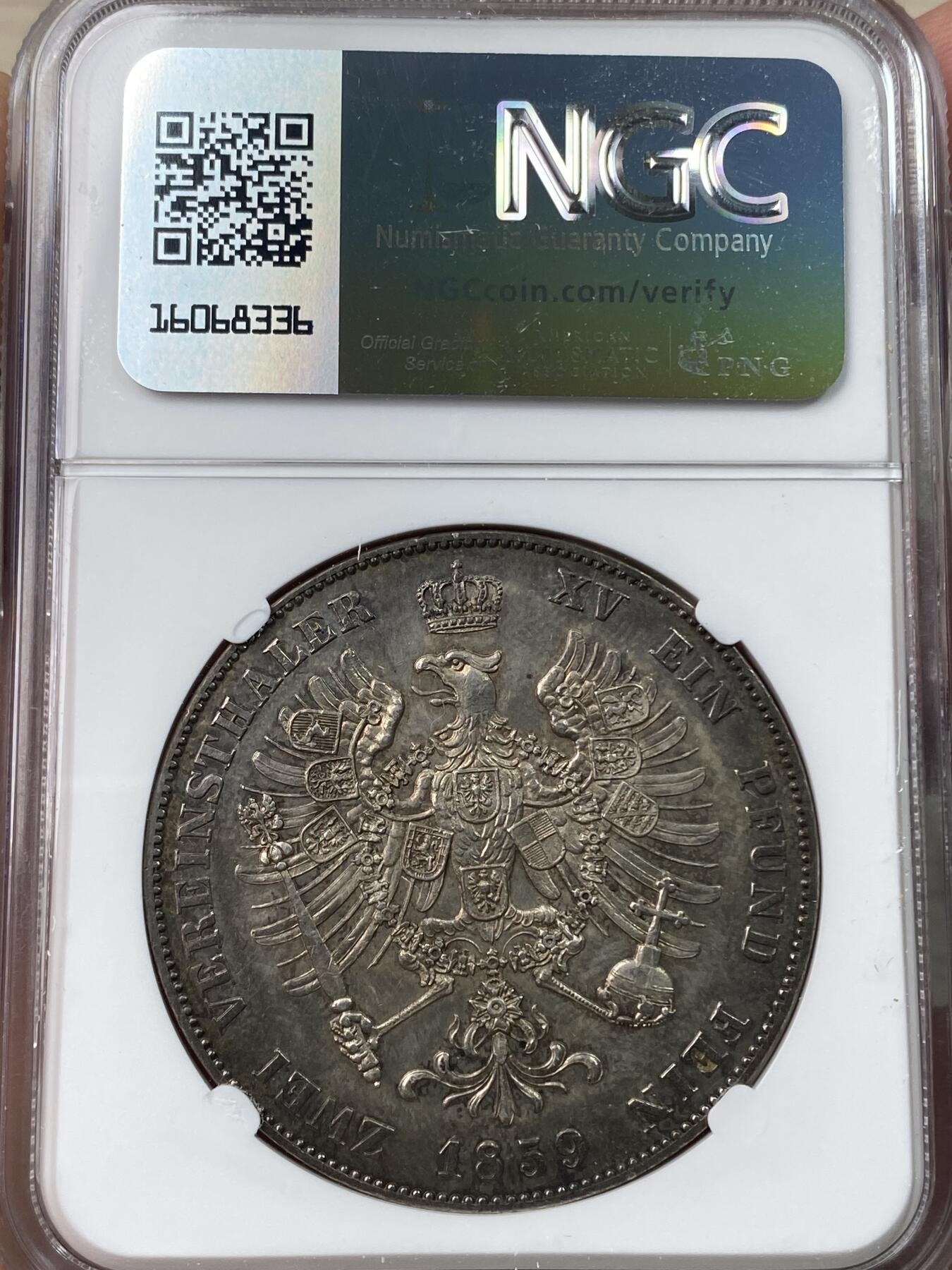 万国钱币拍卖第041期 NGC UNCD 1859年德国普鲁士威廉四世离冠鹰流通2泰勒 2t名誉品之一 香槟淡包浆 高点状态极佳 足够入藏的一枚