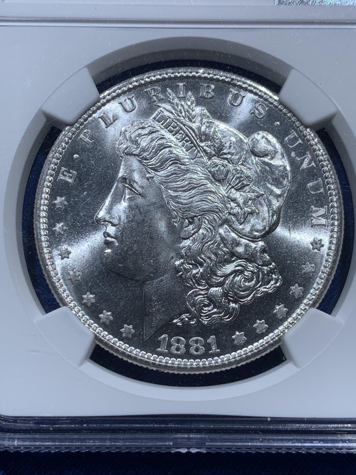 《竞宝斋》第347场 周日，周一，周二  3场连拍 （全场包邮） NGC MS65 美国 1881年 1美元摩根银币S厂（PL明显、细节深打，视觉远超其他同分，有精制币效果）