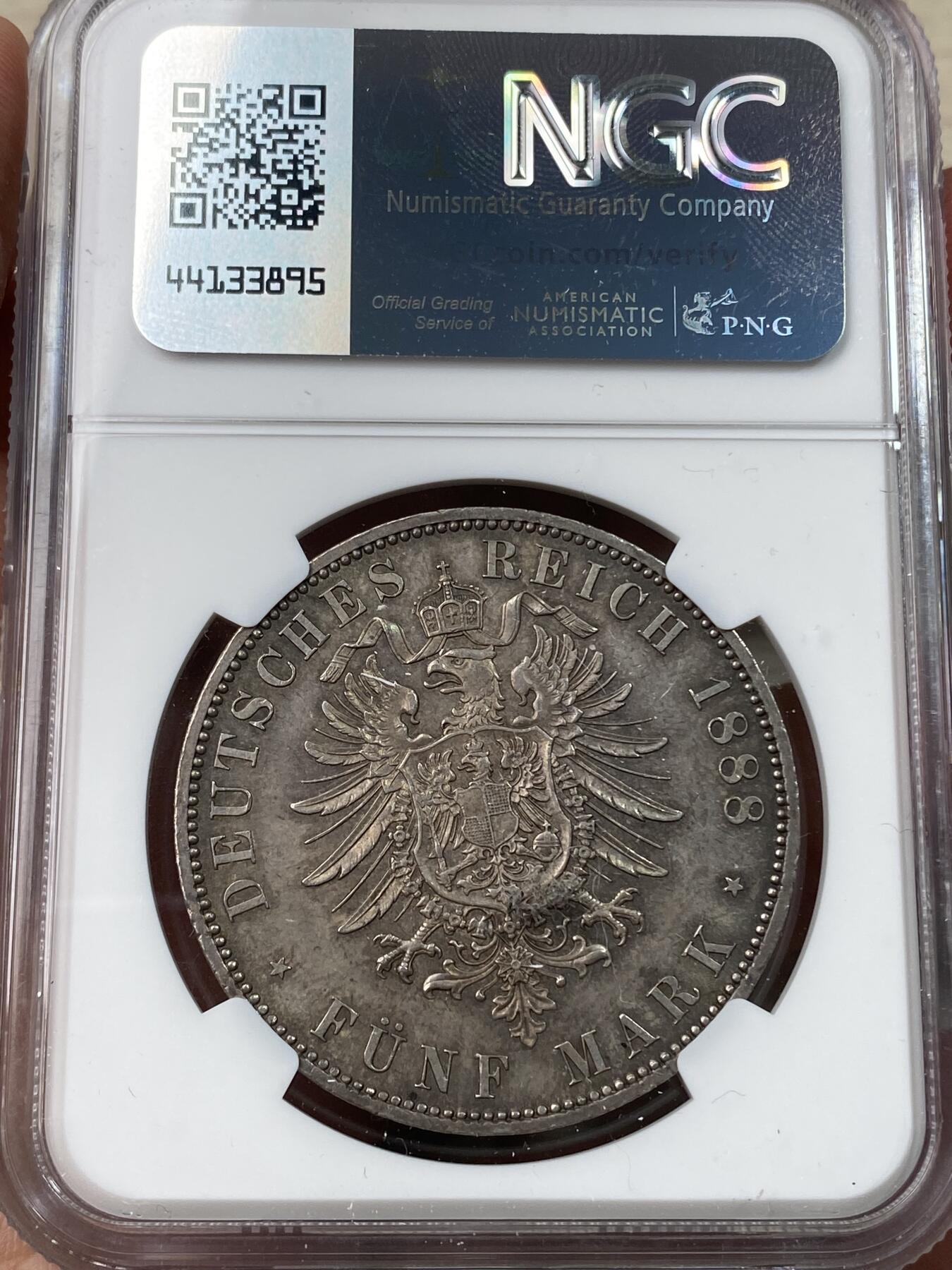 万国钱币拍卖第041期 NGC MS61 1888年德国普鲁士三皇之年腓特烈三世短翅5马克 欧洲原味酱五彩