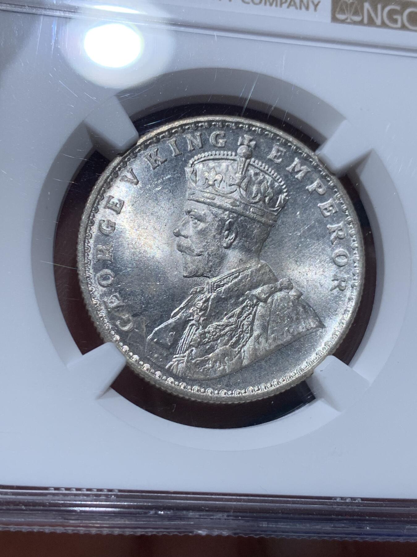 《竞宝斋》第347场 周日，周一，周二  3场连拍 （全场包邮） NGC MS64 印度 1918年 乔治五世 1卢比 银币