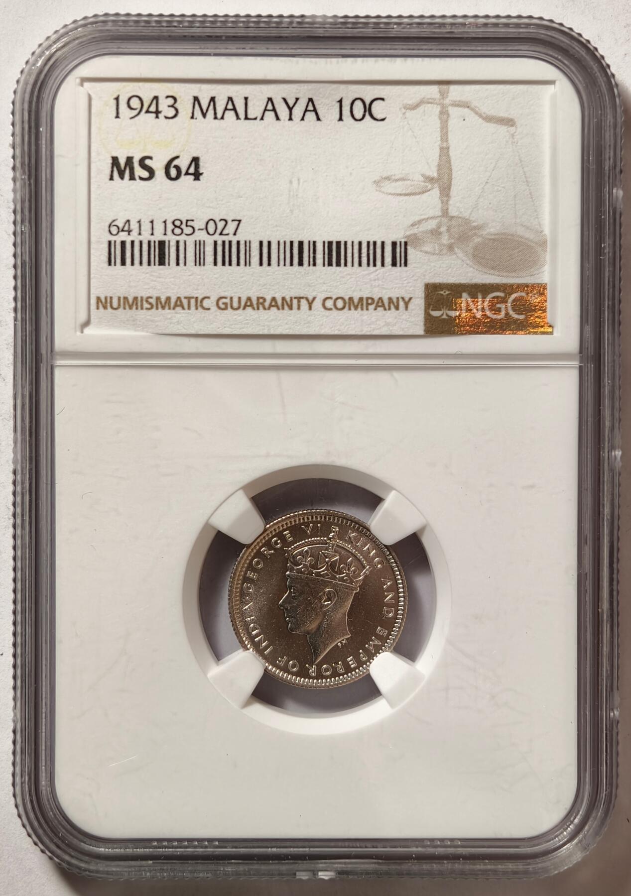 紫瑗钱币——第494期 马来亚 1943年 乔治六世 10分 银币 NGC MS64