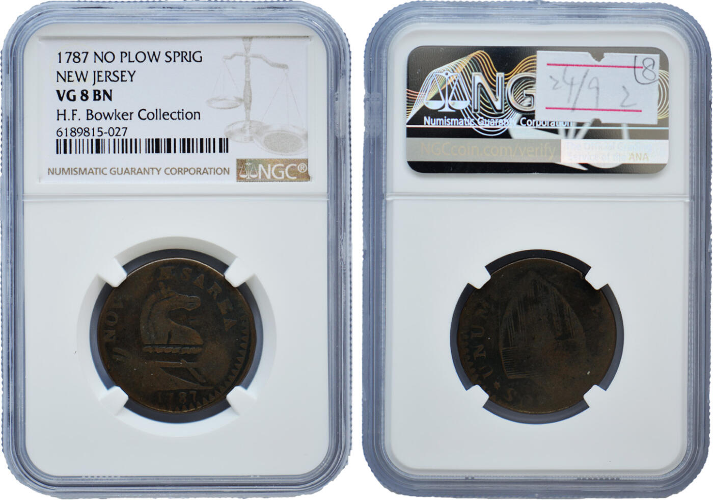 冠军2025年1月上海拍卖 1787年美国新泽西殖民地铜币，NGC  VG8 BN，包克藏品