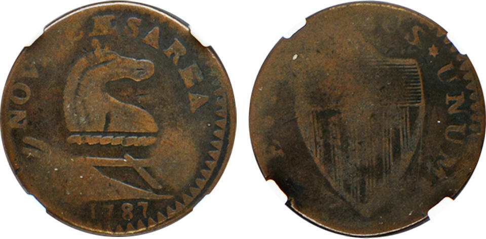 冠军2025年1月上海拍卖 1787年美国新泽西殖民地铜币，NGC  VG8 BN，包克藏品