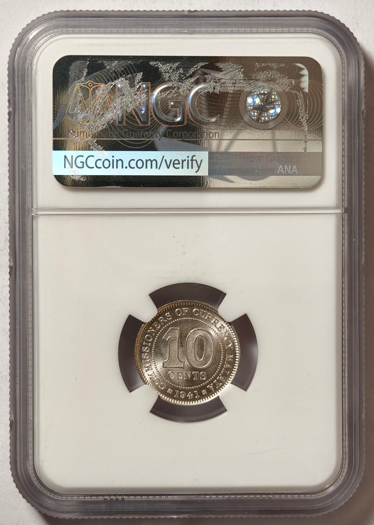 紫瑗钱币——第496期 马来亚 1941年 乔治六世 10分 银币 NGC MS64