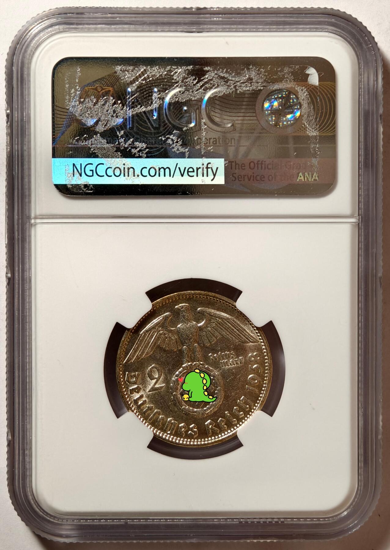 紫瑗钱币——第494期 德国 1938年 B版 兴登堡 字符 2马克 银币 NGC MS62