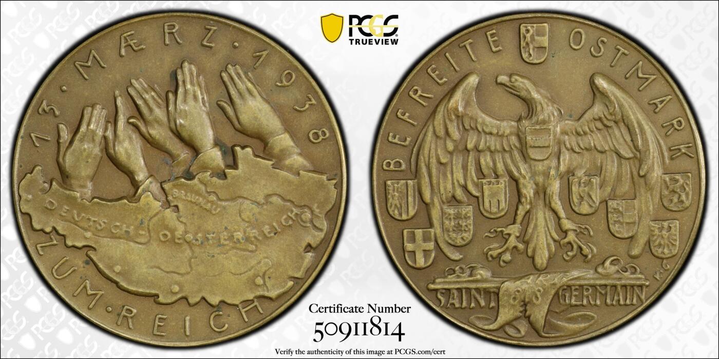 万国钱币拍卖第041期 PCGS SP64 1938年德国民族社会主义工人党占领奥地利纪念铜章 奥地利盾徽在帝国鹰的庇护下实现民族大一统 卡尔哥茨名品顶级品质