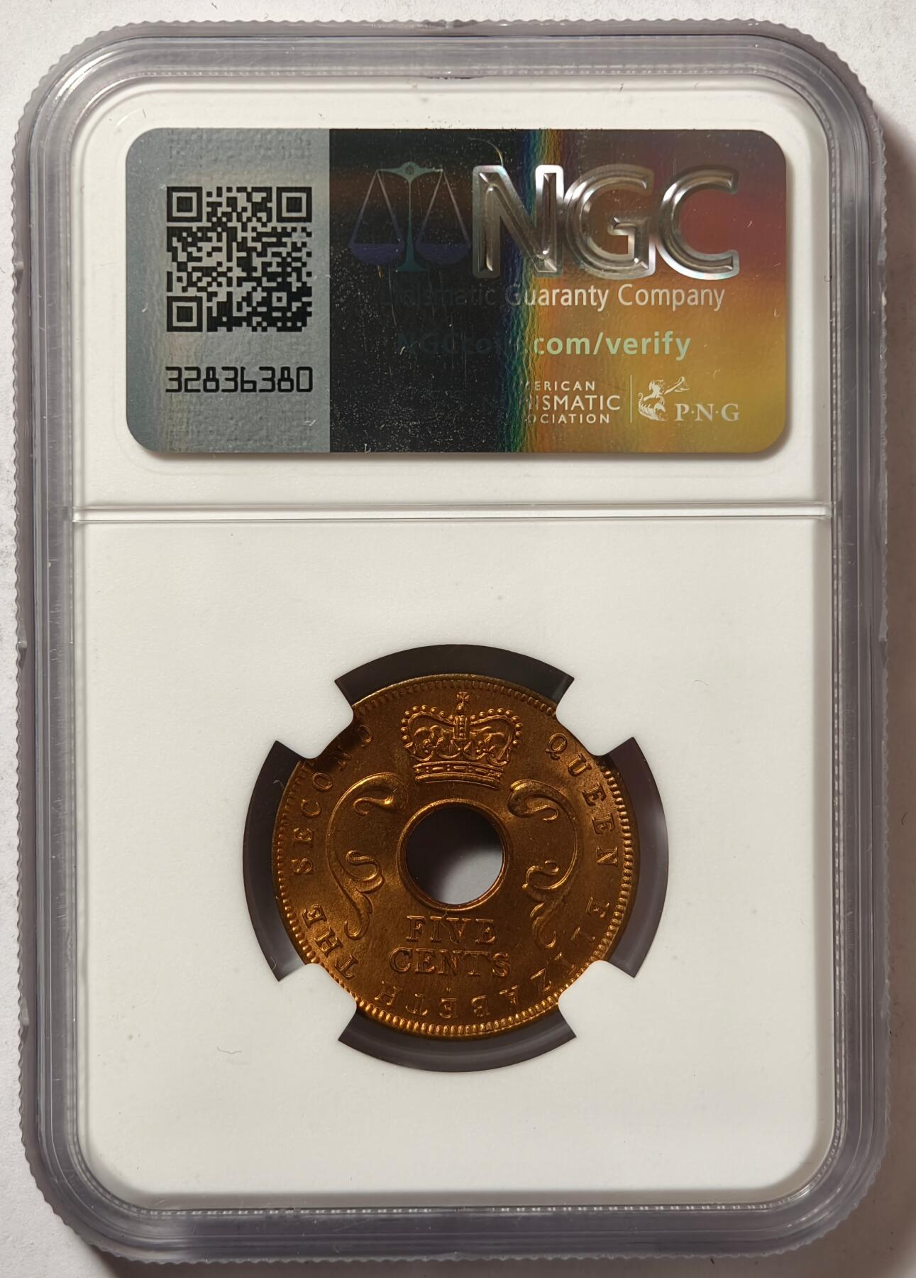 紫瑗钱币——第496期 英属东非 1956年 H版 伊丽莎白二世 5分 红铜币 NGC MS64 RB