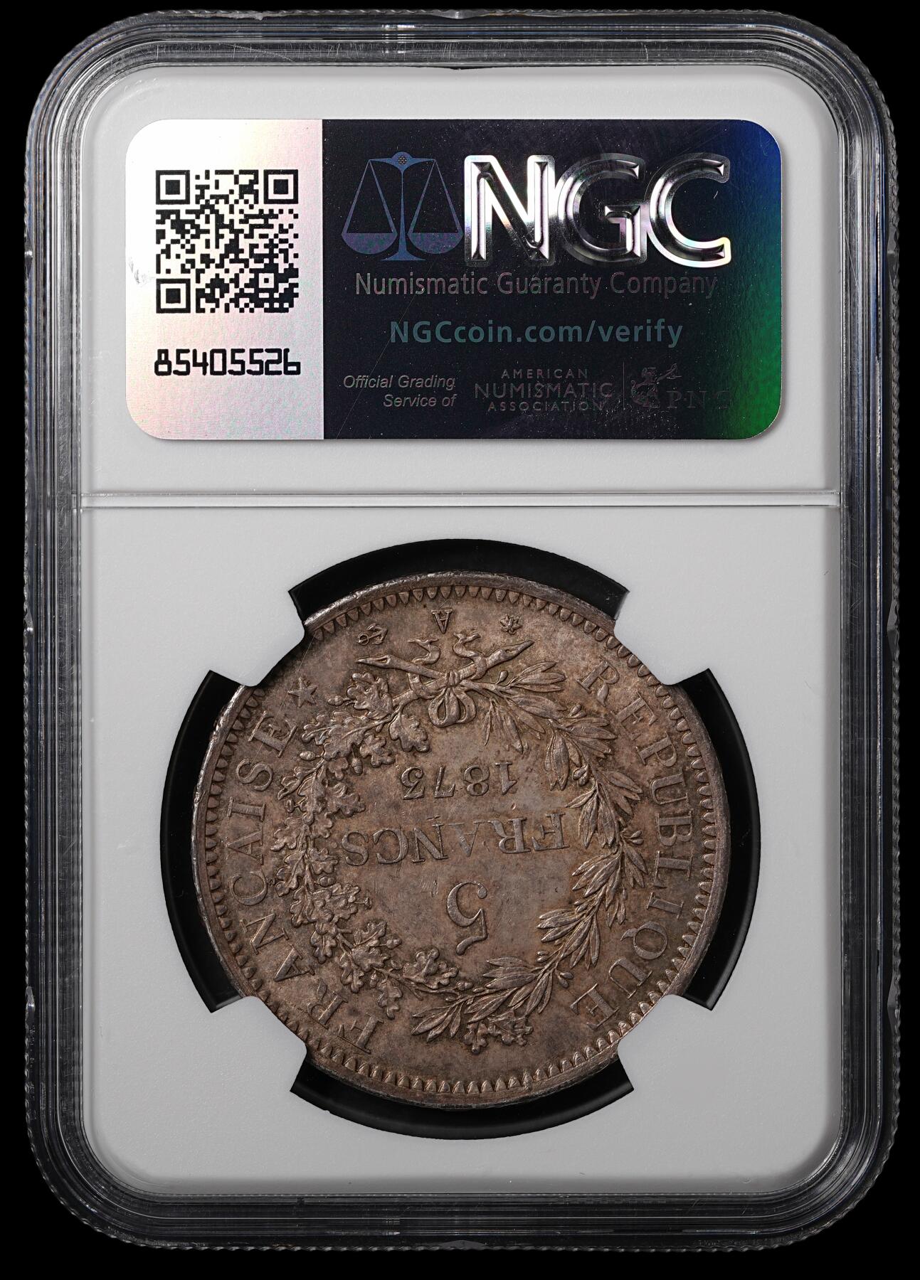 修遠堂世界钱币第五十五期 全场包邮 NGC MS63 1873年法国大力神5法郎大银币 A厂铭 纸袋包浆