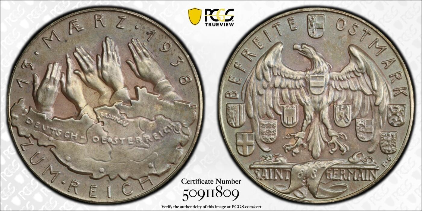 万国钱币拍卖第041期 PCGS SP64 1938年德国民族社会主义工人党占领奥地利纪念银章 奥地利盾徽在帝国鹰的庇护下实现民族大一统 哥茨名品顶级品质