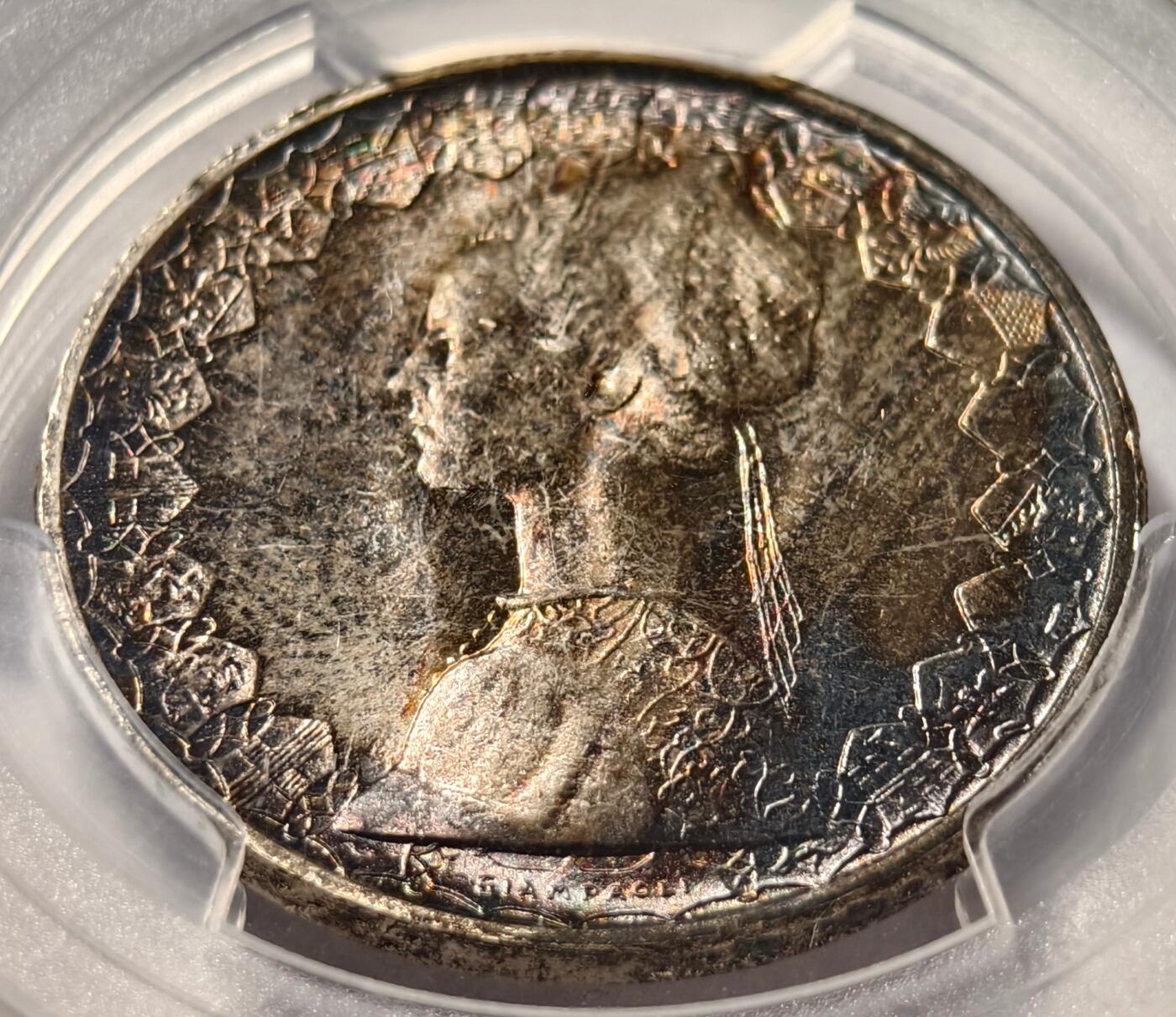 紫瑗钱币——第496期 意大利 1966年 R版 少女与帆船 500里拉 银币 PCGS MS65 卷首