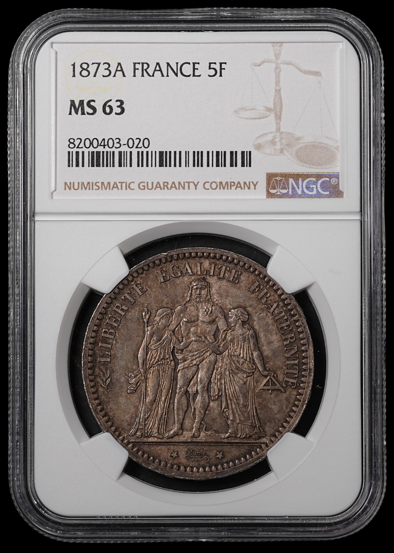 修遠堂世界钱币第五十五期 全场包邮 NGC MS63 1873年法国大力神5法郎大银币 A厂铭 纸袋包浆