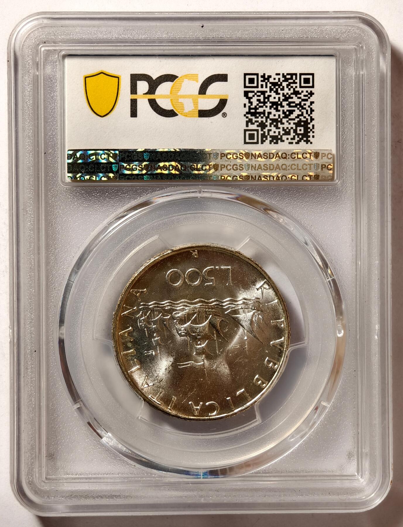 紫瑗钱币——第496期 意大利 1966年 R版 少女与帆船 500里拉 银币 PCGS MS65 卷首
