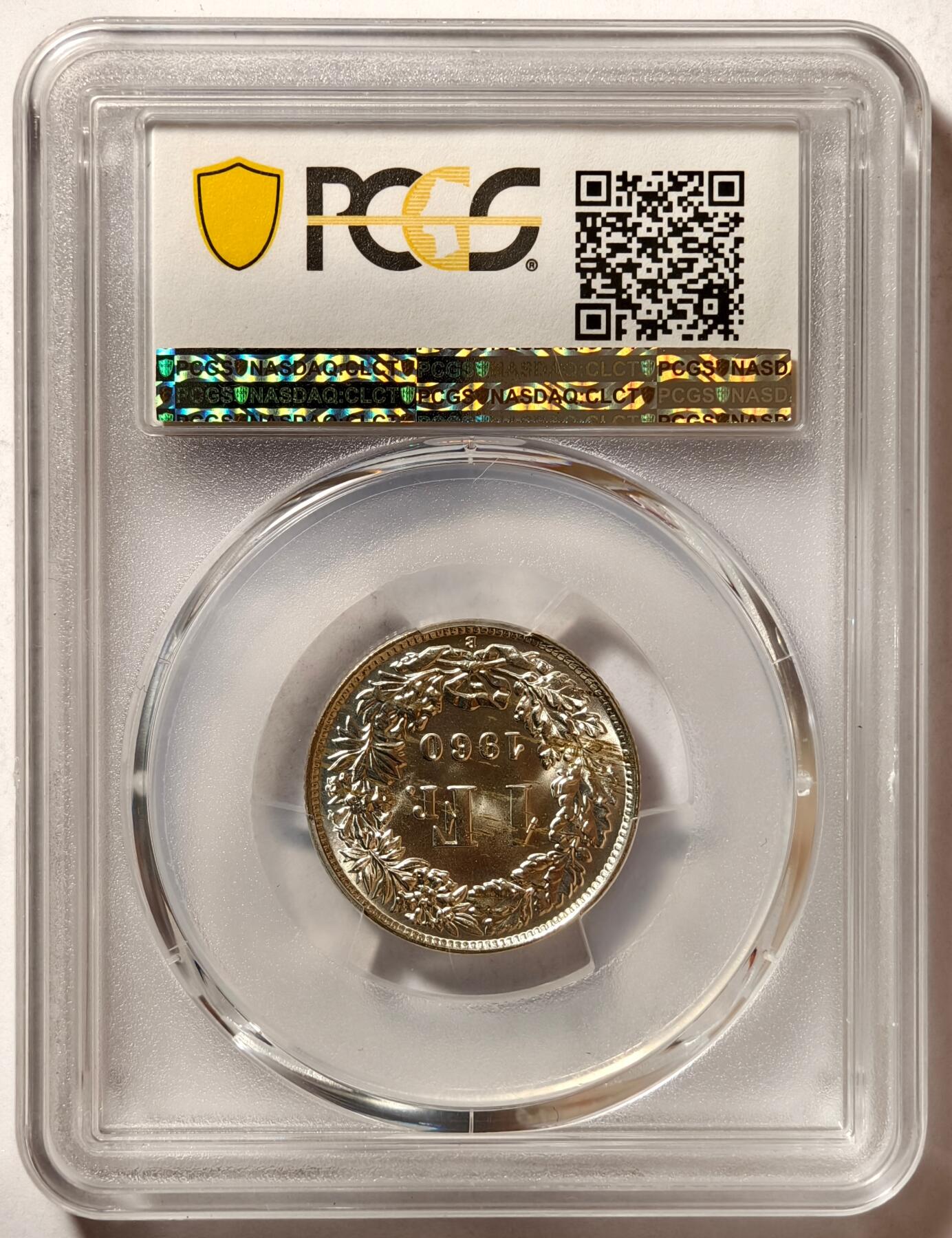紫瑗钱币——第494期 瑞士 1960年 B版 赫尔维蒂亚 1法郎 银币 PCGS MS67 高分
