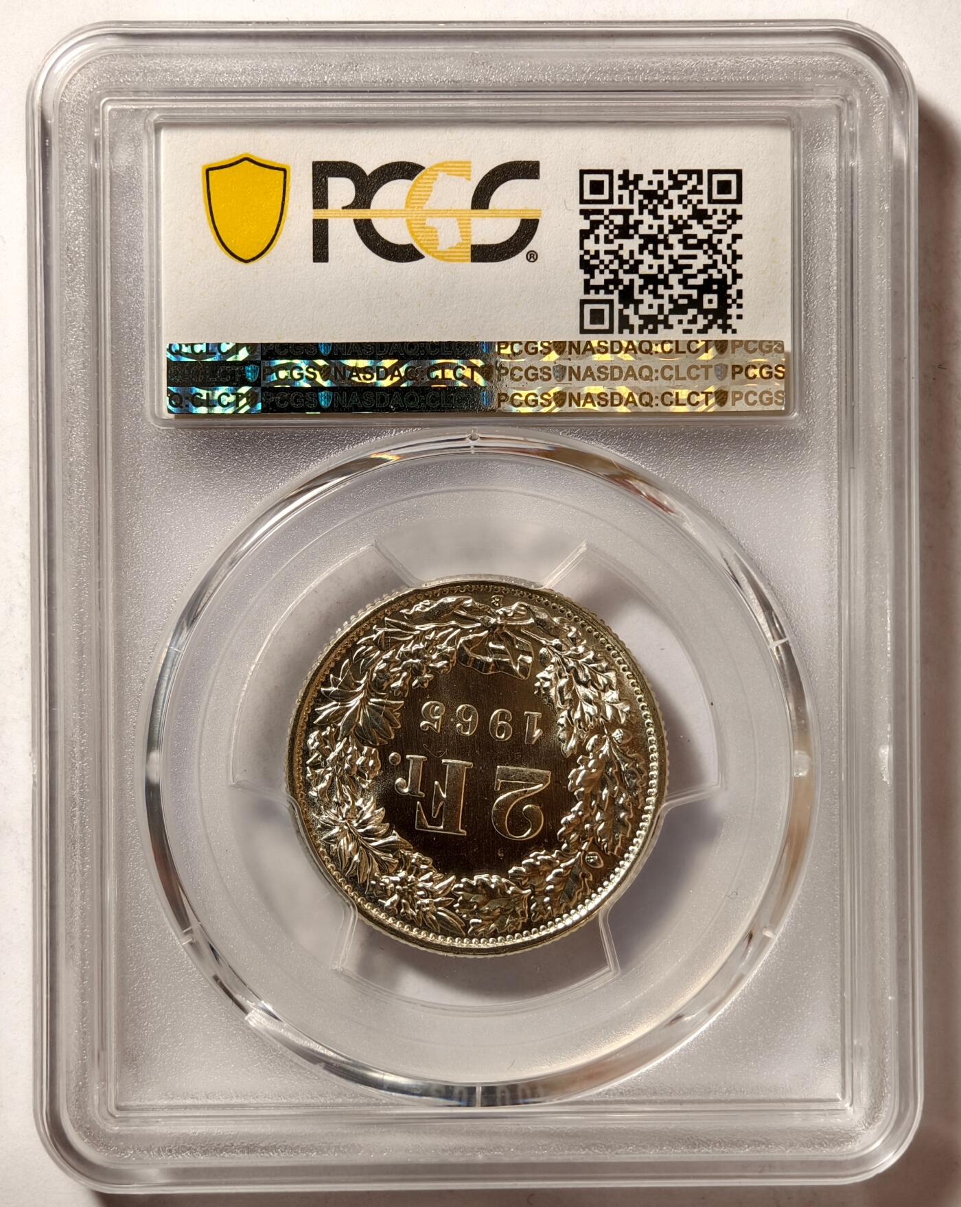 紫瑗钱币——第496期 瑞士 1965年 B版 赫尔维蒂亚 2法郎 银币 PCGS MS67 高分