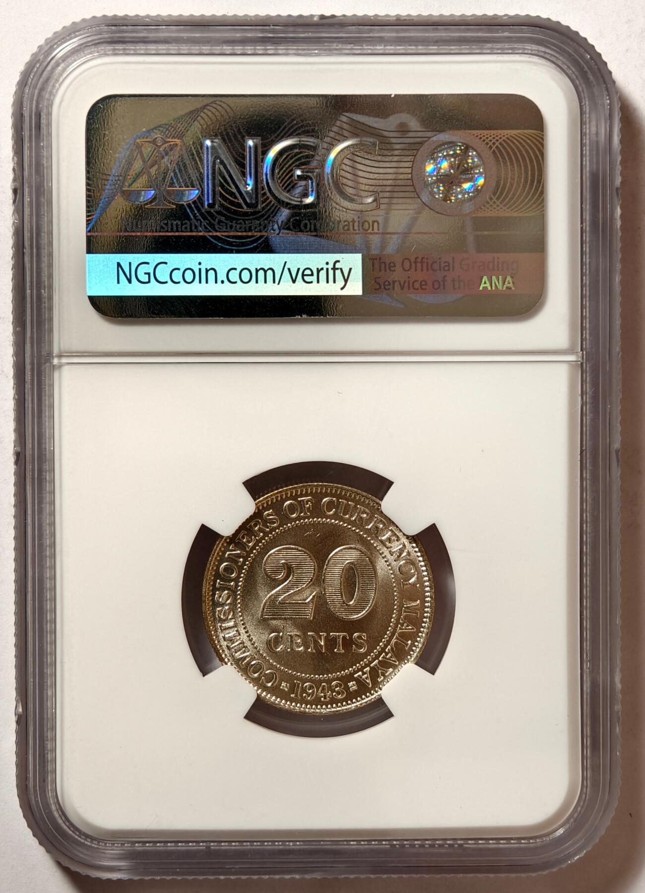 紫瑗钱币——第494期 马来亚 1943年 乔治六世 20分 银币 NGC MS65