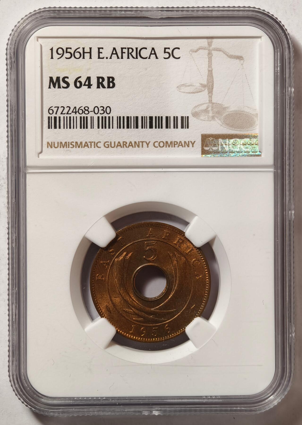紫瑗钱币——第496期 英属东非 1956年 H版 伊丽莎白二世 5分 红铜币 NGC MS64 RB