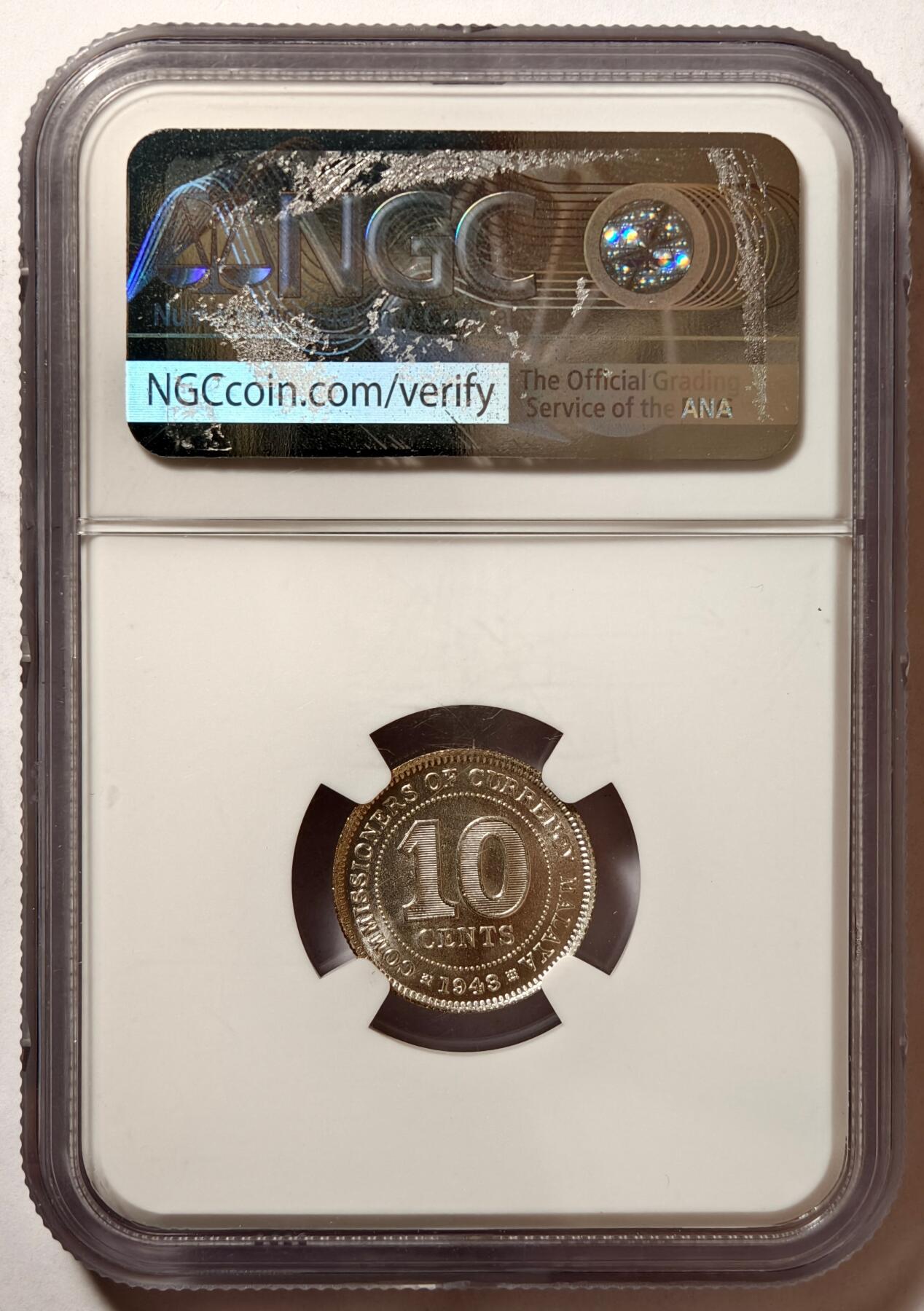 紫瑗钱币——第494期 马来亚 1943年 乔治六世 10分 银币 NGC MS64