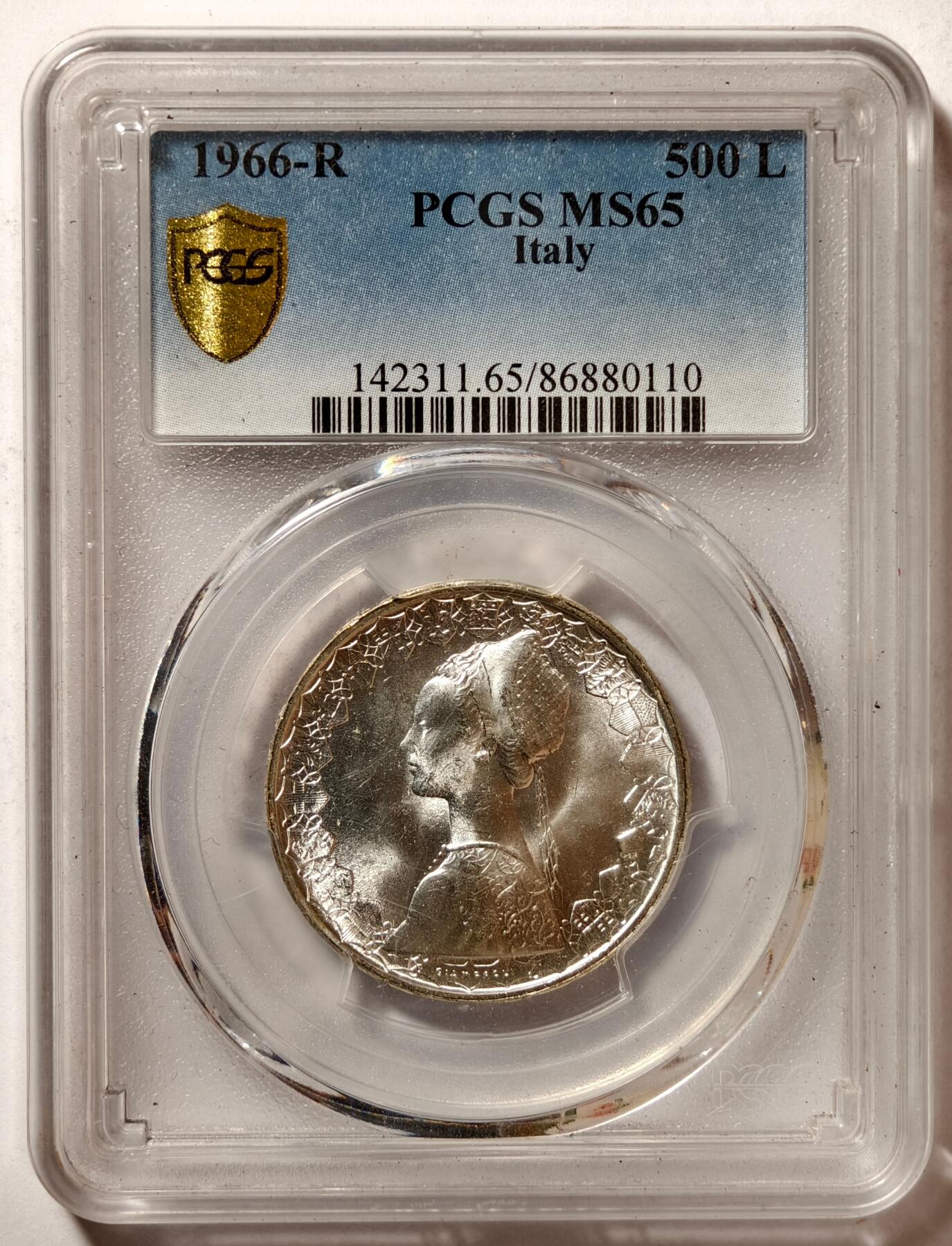 紫瑗钱币——第494期 意大利 1966年 R版 少女与帆船 500里拉 银币 PCGS MS65 卷尾