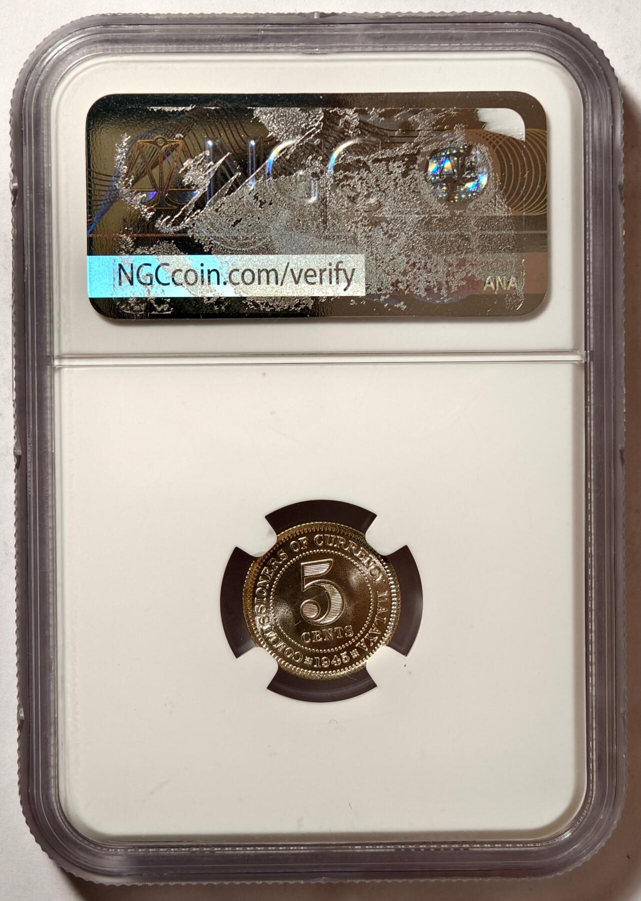 紫瑗钱币——第494期 马来亚 1945年 乔治六世 5分 银币 NGC MS64