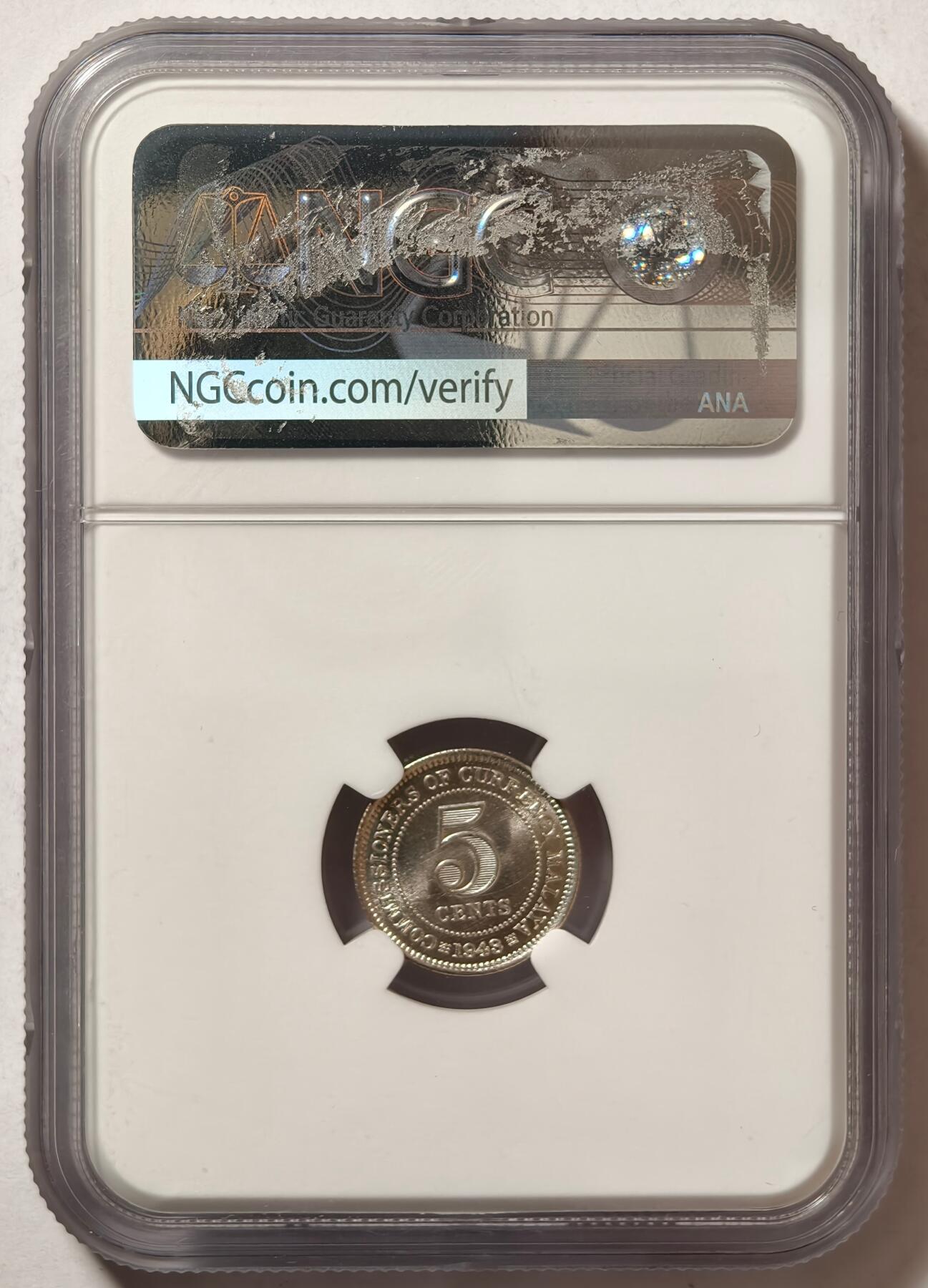 紫瑗钱币——第496期 马来亚 1943年 乔治六世 5分 银币 NGC MS64