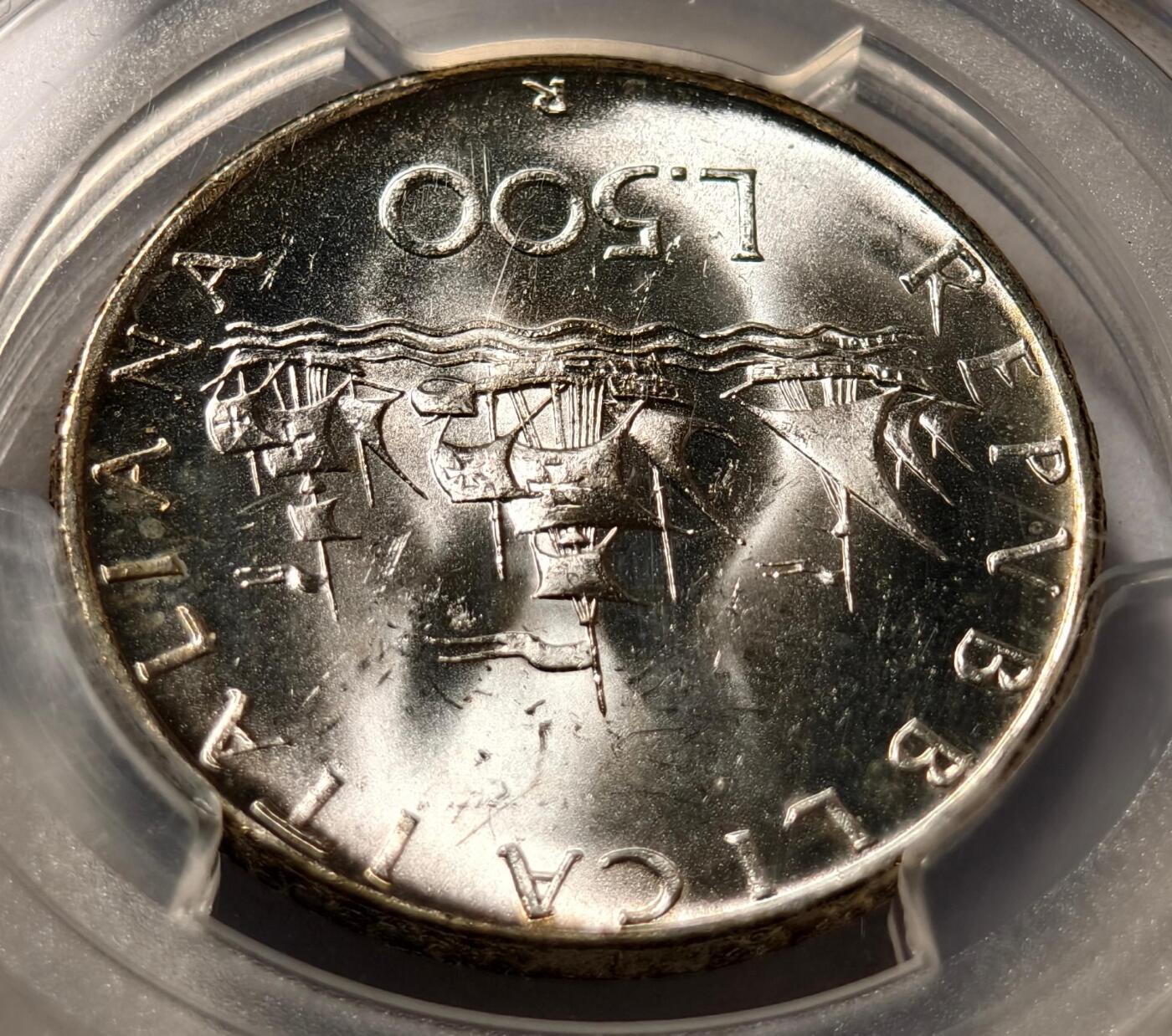紫瑗钱币——第496期 意大利 1966年 R版 少女与帆船 500里拉 银币 PCGS MS65 卷首