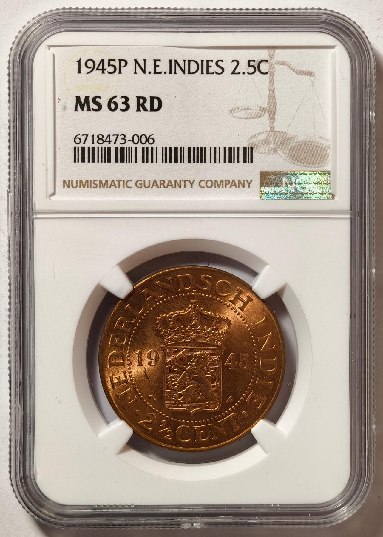 紫瑗钱币——第494期 荷属东印度 1945年 P版 2.5分 铜币 NGC MS63 RD