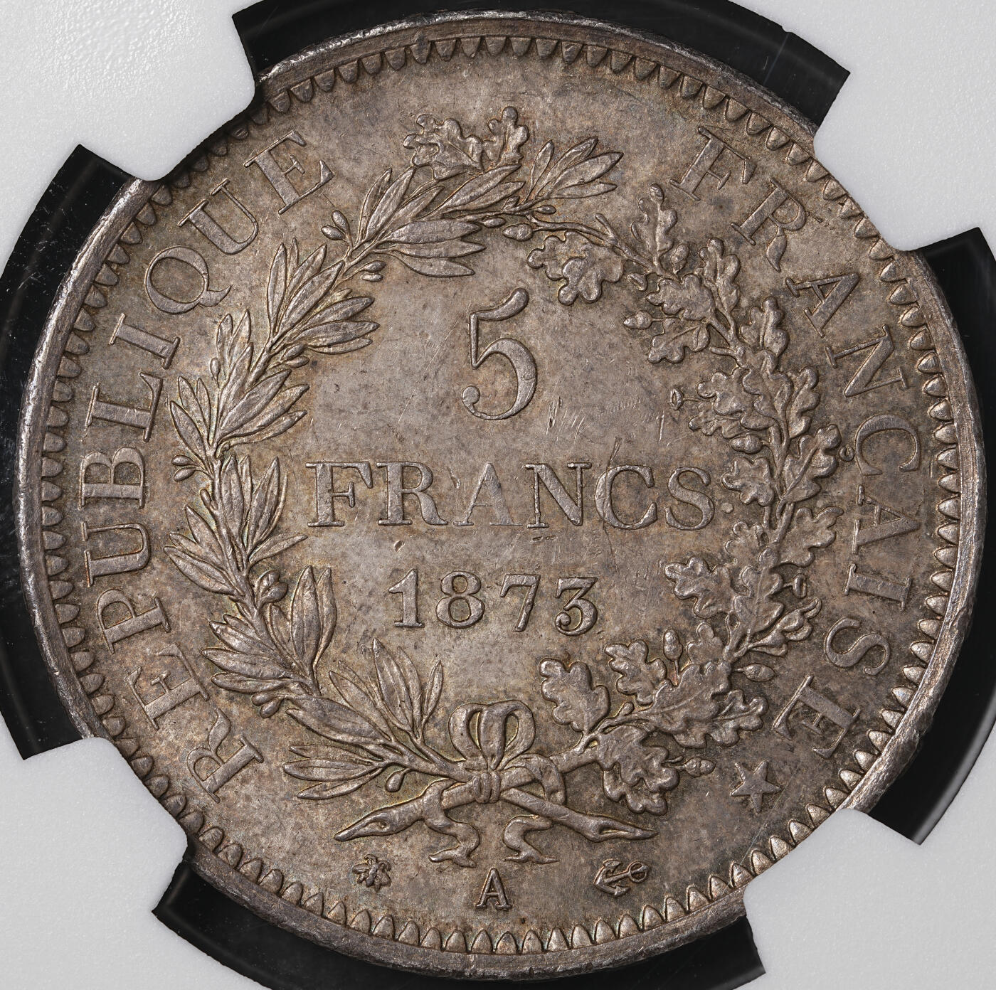 修遠堂世界钱币第五十五期 全场包邮 NGC MS63 1873年法国大力神5法郎大银币 A厂铭 纸袋包浆