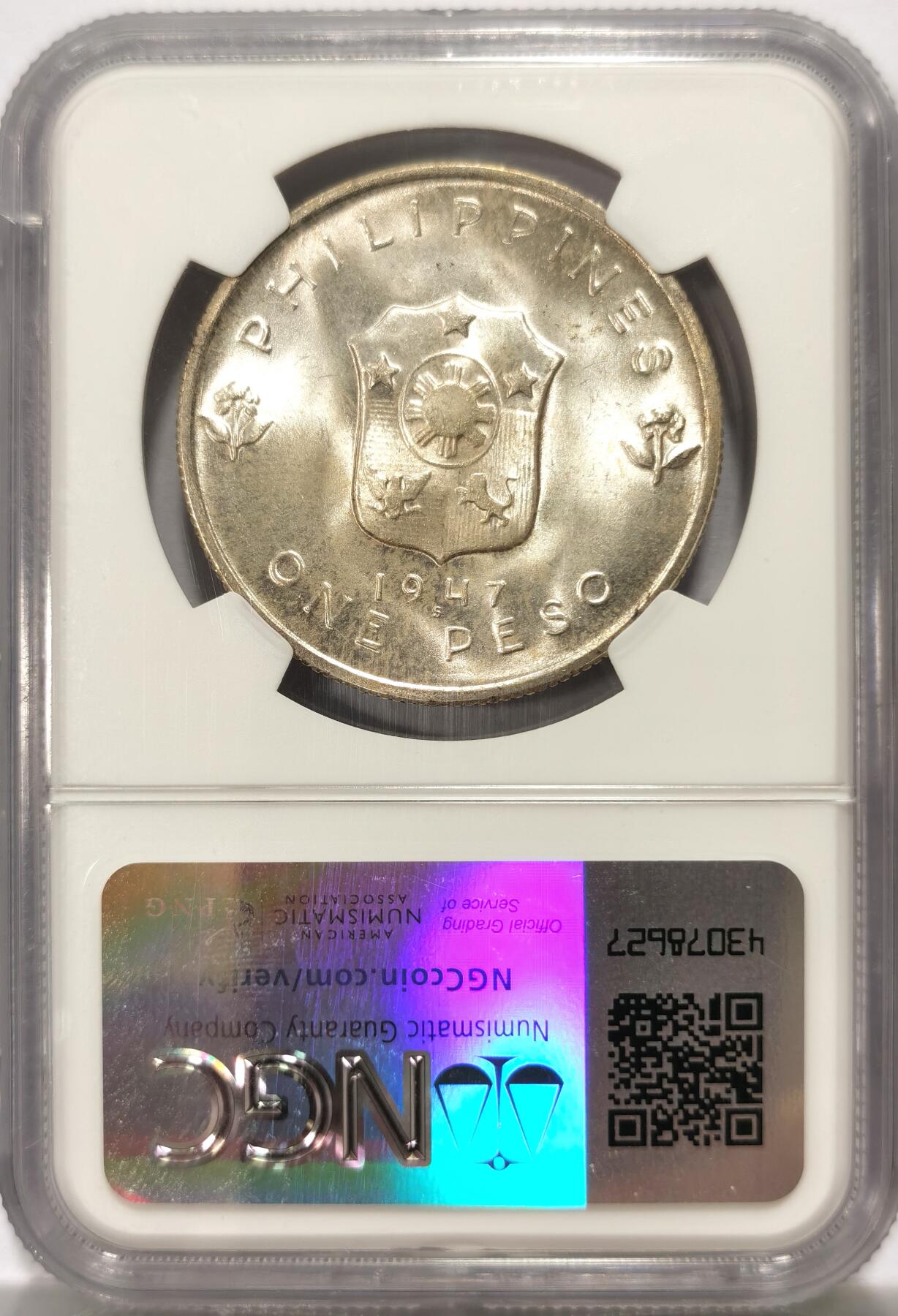 博洋堂世界钱币拍卖第108期（全场包邮） 菲律宾1947年麦克阿瑟一比索银币NGC-MS64，原汁原味老包浆，包浆醇厚，状态极佳。