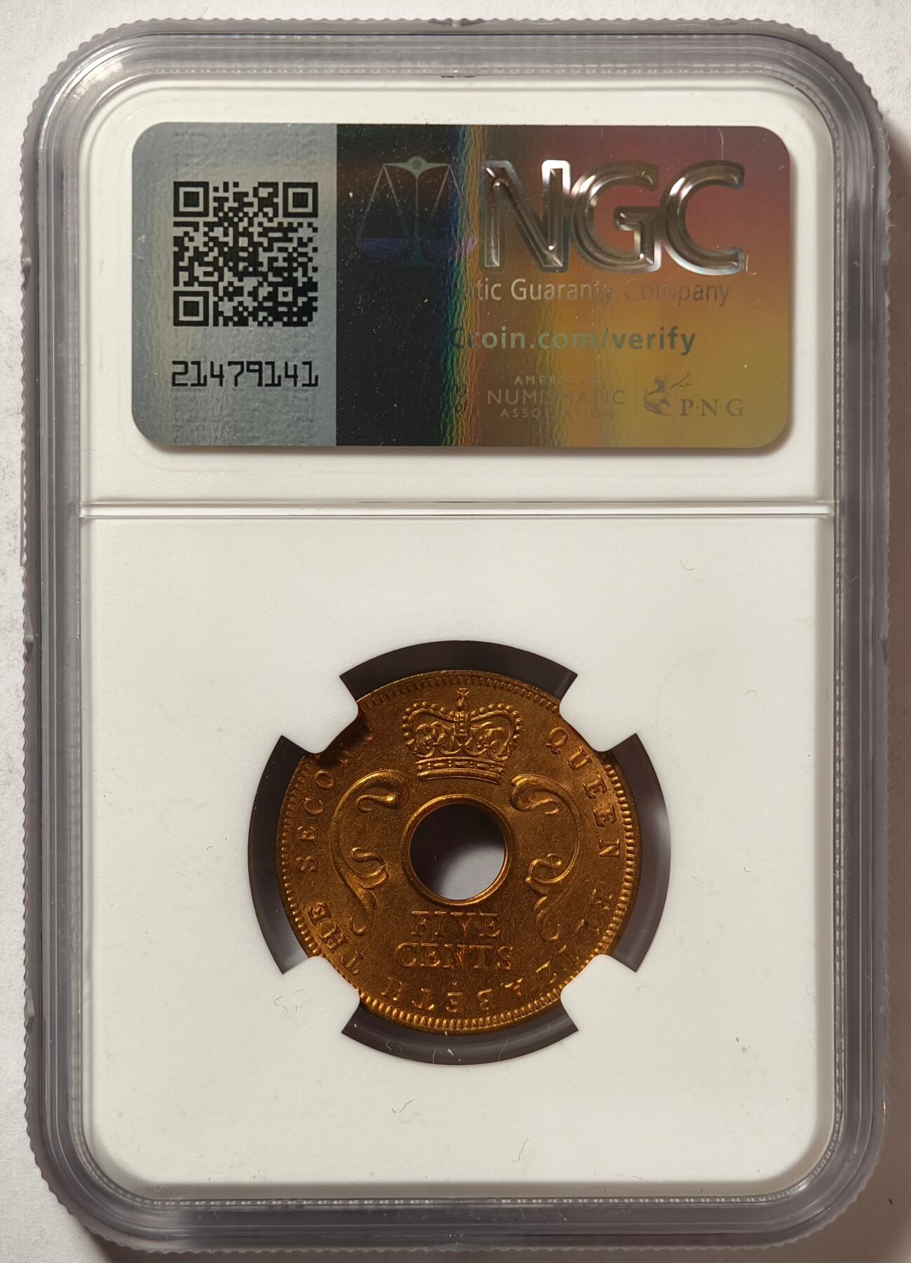 紫瑗钱币——第494期 英属东非 1956年 H版 伊丽莎白二世 5分 红铜币 NGC MS65 RB