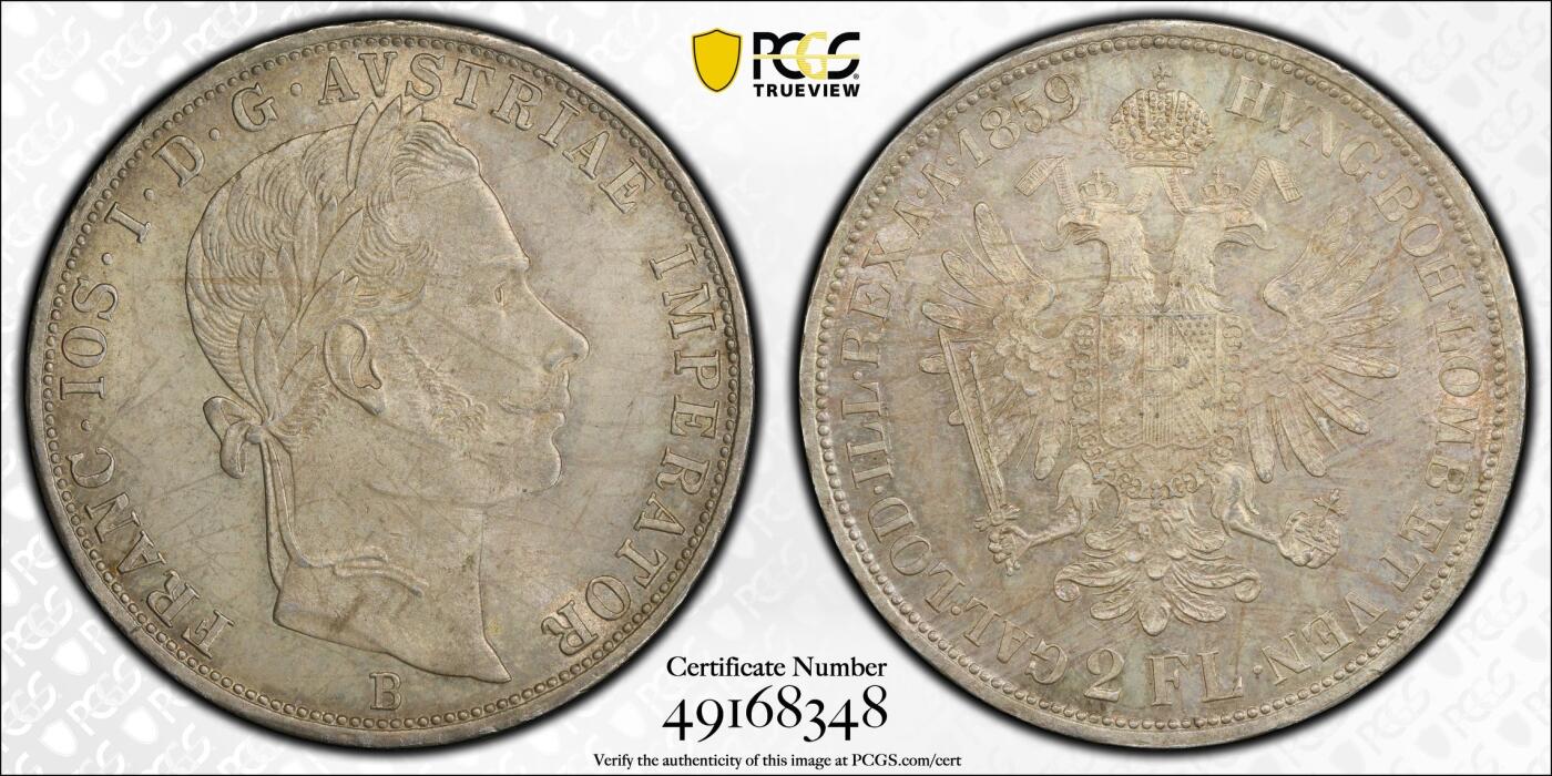 万国钱币拍卖第041期 PCGS MS64 1859奥地利弗朗茨约瑟夫2福林大银 早期年轻版头像 流通异常充分的品种 好品极难 原味淡彩 PC唯一冠军分