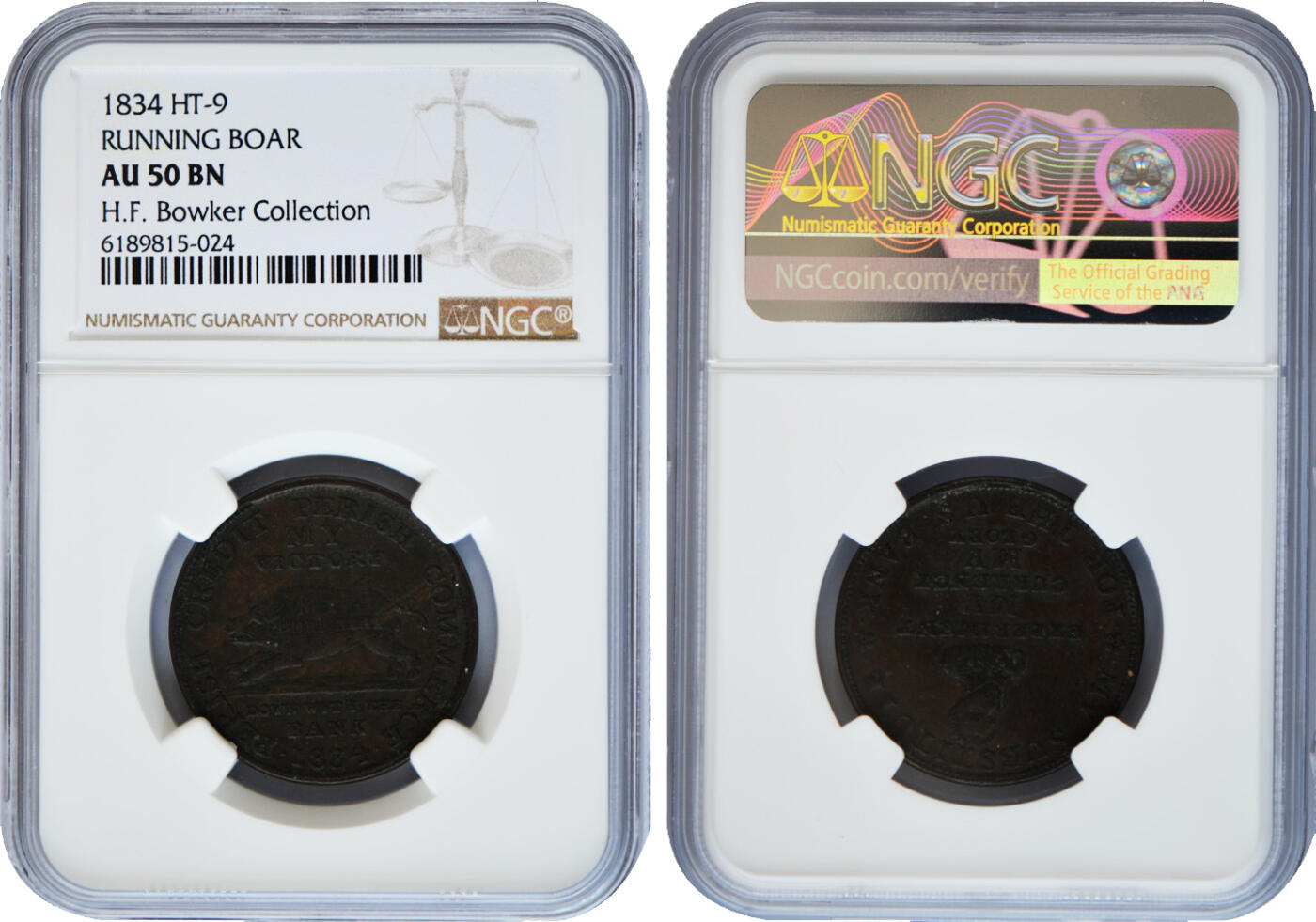 冠军2025年1月上海拍卖 1834年美国RUNNING BOAR铜质代币，NGC AU50 BN，包克藏品