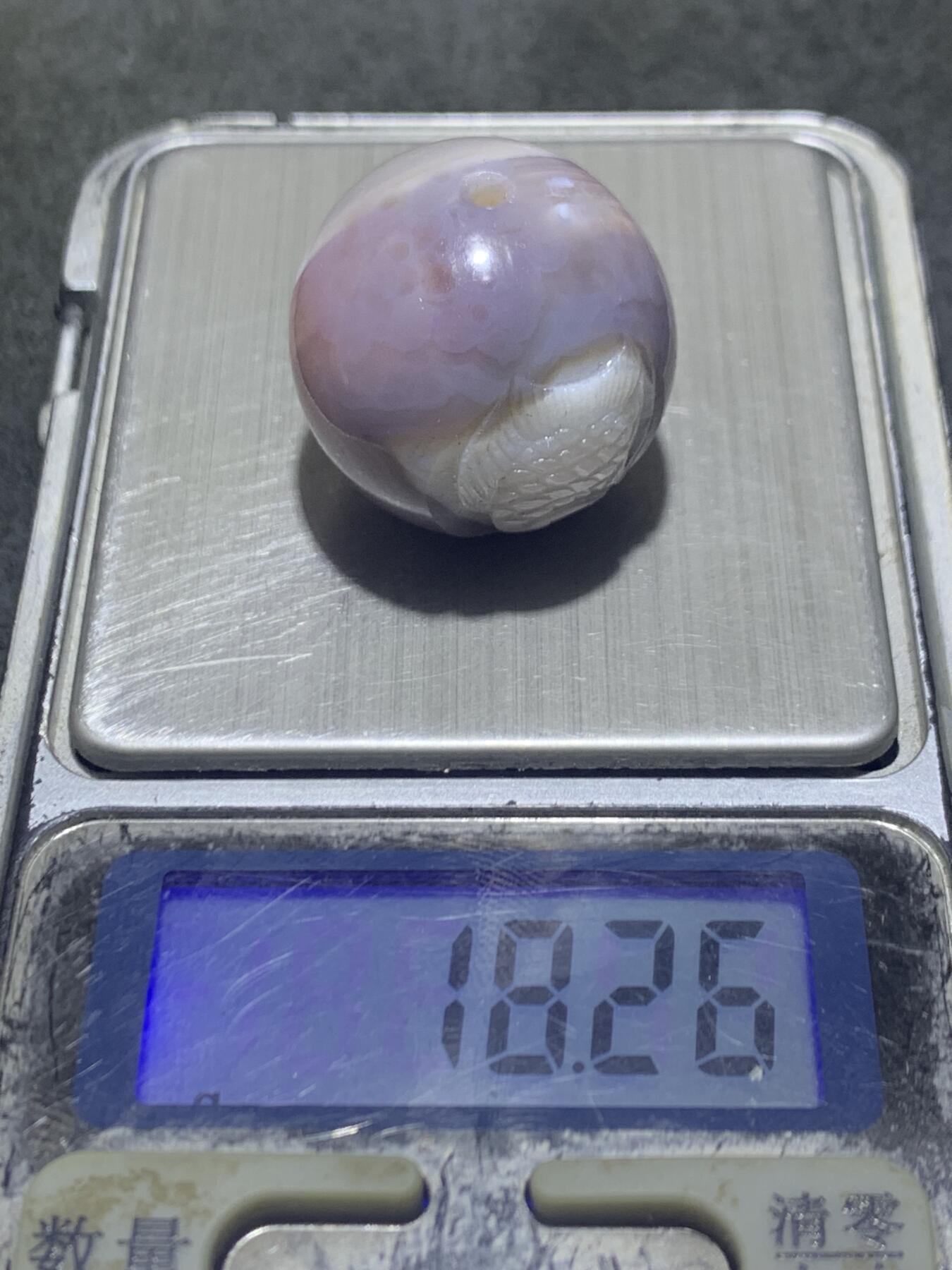 精美高玉化瓷白天眼纹，紫罗兰战国红玛瑙手工雕刻富贵有余圆珠一颗！