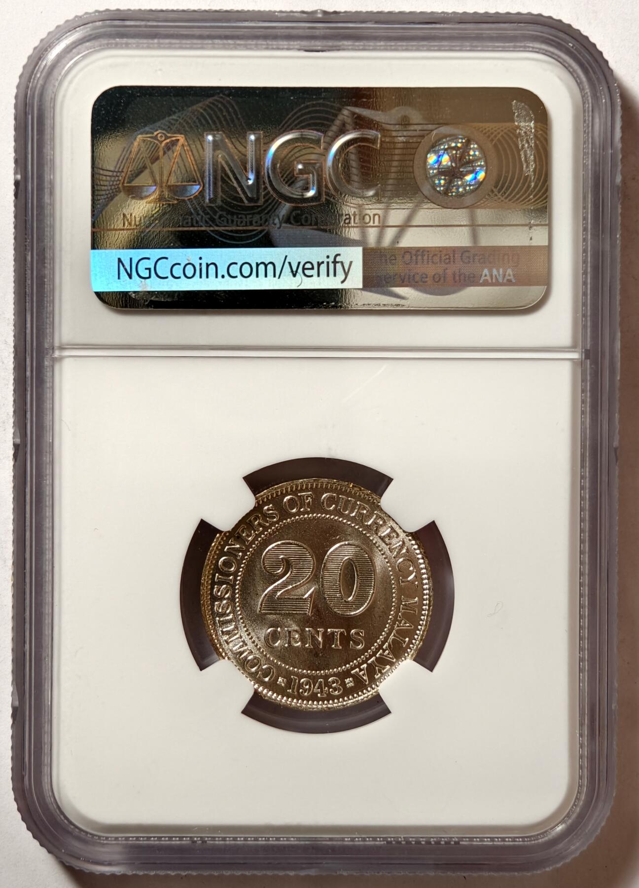 紫瑗钱币——第496期 马来亚 1943年 乔治六世 20分 银币 NGC MS63