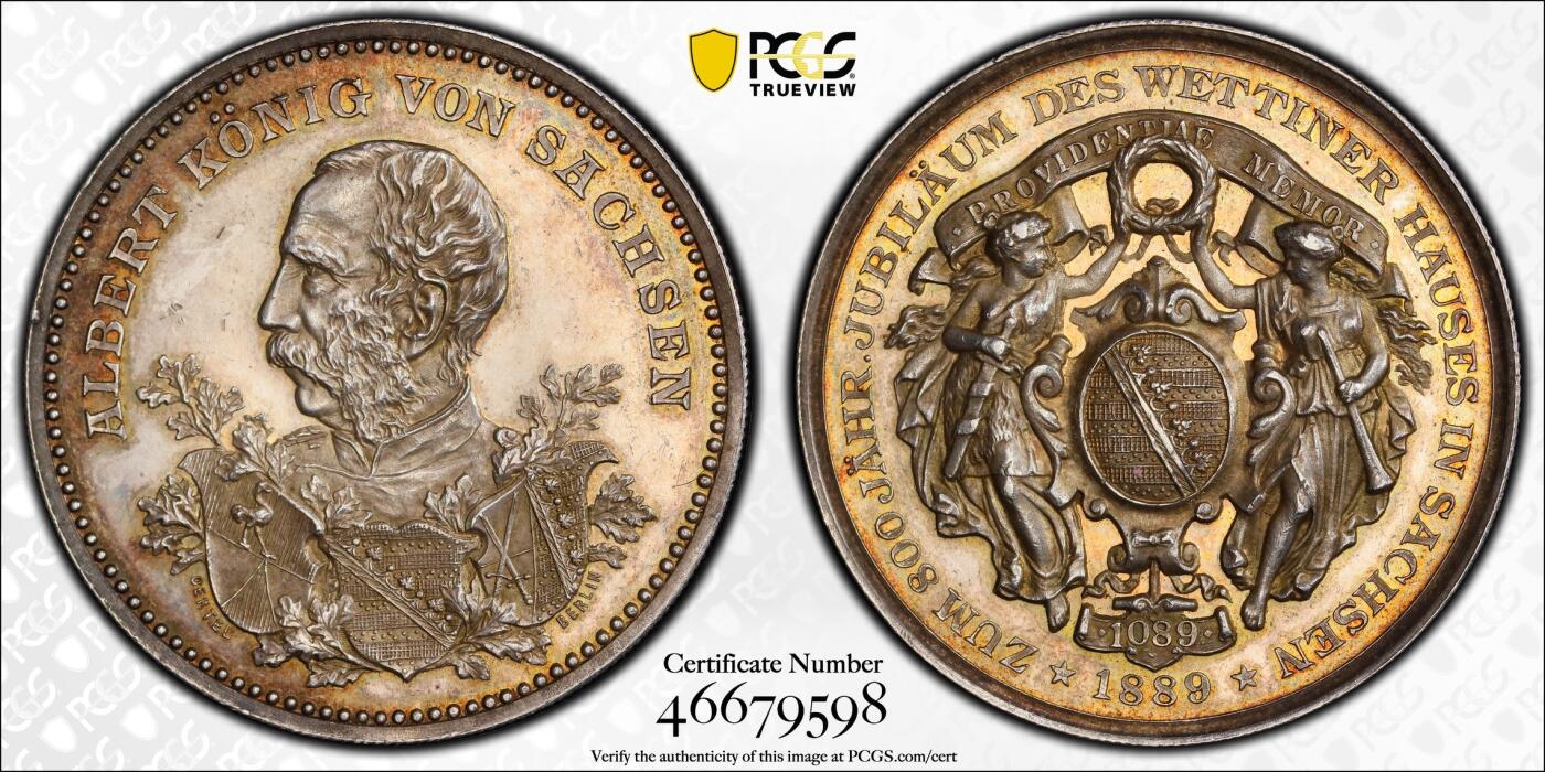 万国钱币拍卖第041期 PCGS SP62 1899年德国萨克森阿尔伯特纪念韦廷家族800周年银章 高浮雕双神守护萨克森盾徽 精美绝伦 38.35MM 20.3G