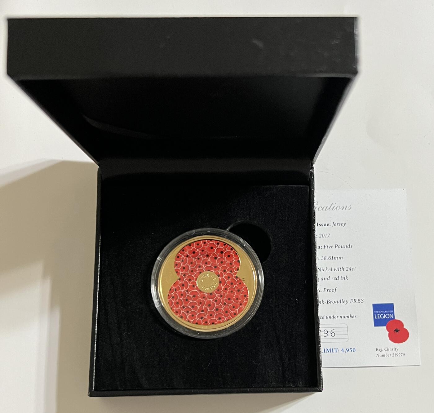 S&S Numismatic世界钱币-拍卖 第114期  泽西岛2018年 阵亡将士纪念日 5英镑镀金精制纪念币 盒证齐全，发行量4950枚