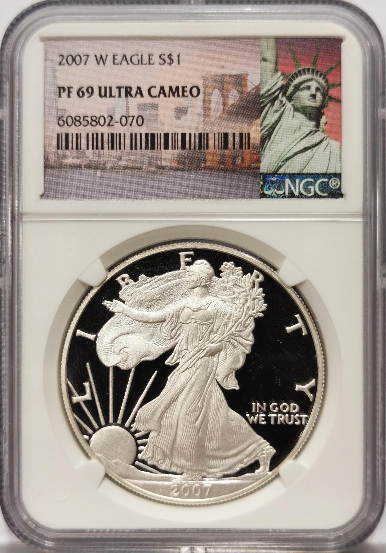 博洋堂世界钱币拍卖第108期（全场包邮） 美国2007年鹰洋自由行走女神1美元精制银币NGC-PF69UC，PROOF精制币，币面清爽干净又漂亮，打制精美，状态一流。