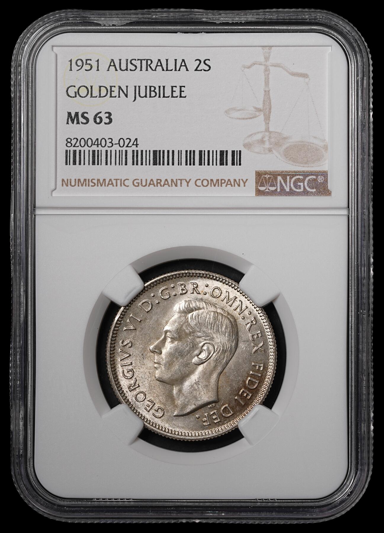修遠堂世界钱币第五十五期 全场包邮 NGC MS63 1951年澳大利亚联邦50周年纪念1弗罗林银币