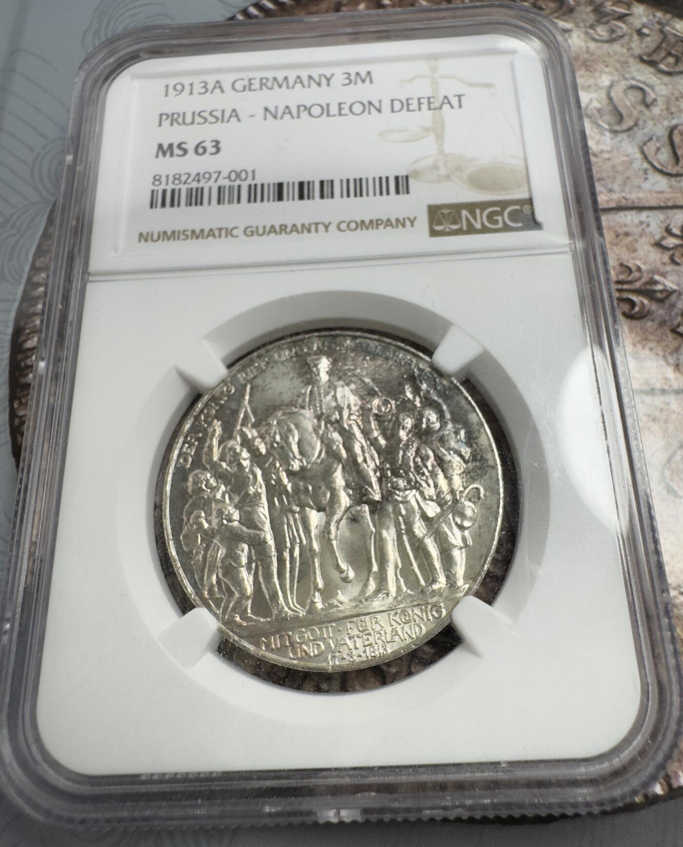 “一元初始，万象更新”新年新铺开张（第3期） 全场免押金出价 NGC-MS63 1913年德意志第二帝国 普鲁士1913年战胜拿破仑胜利3马克银币，老包浆好品，值得入藏